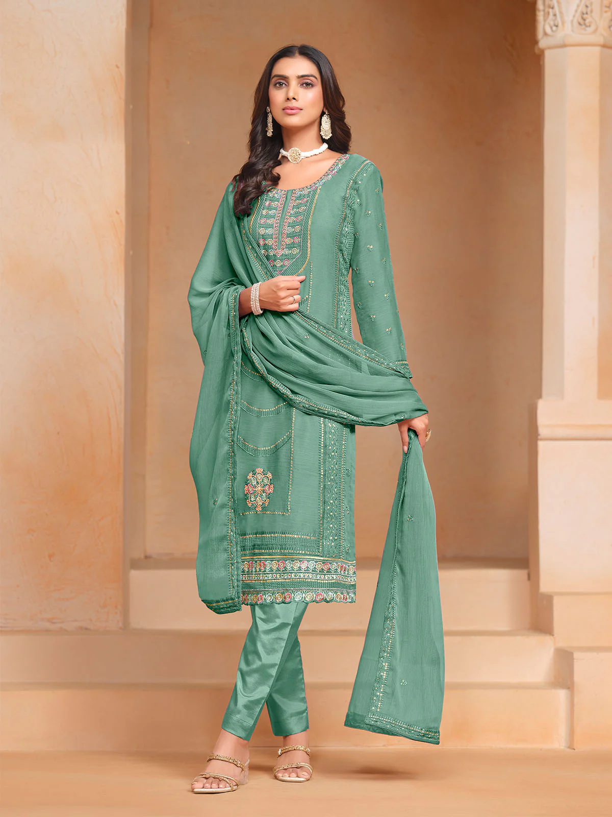 Odette Sea Green Embroidered Organza Semi Stitched Kurta Set With Dupatta For Women - Image 2