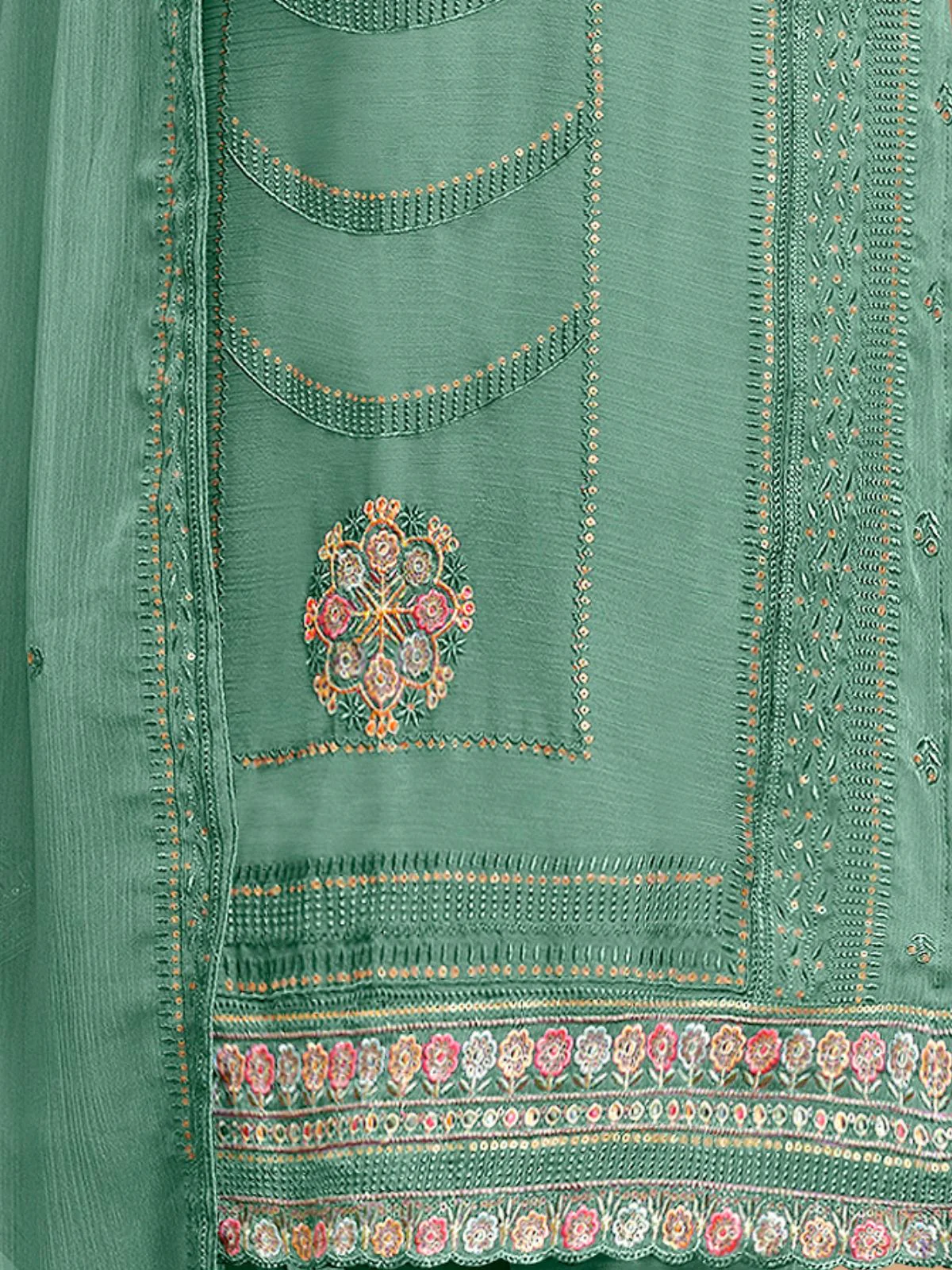 Odette Sea Green Embroidered Organza Semi Stitched Kurta Set With Dupatta For Women - Image 5