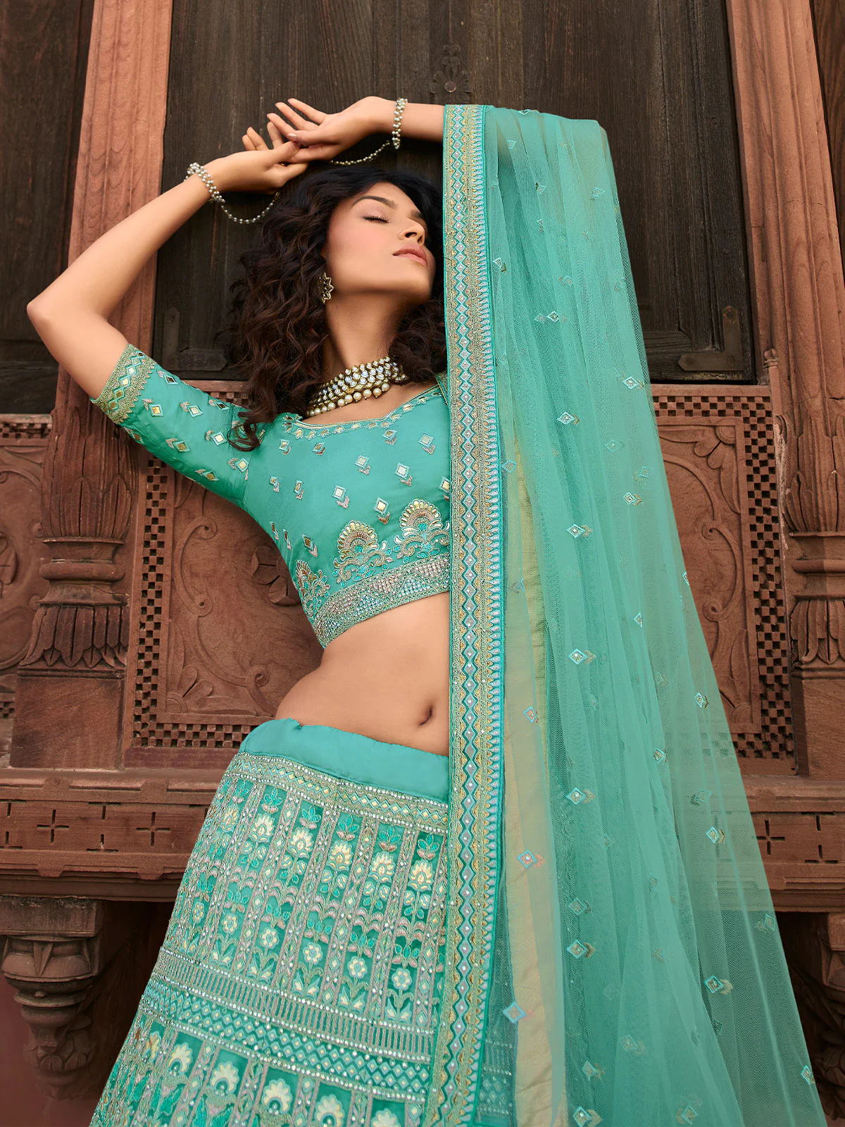 Odette Sea Green Embroidered Organza Semi Stitched Lehenga With Blouse For Women - Image 3