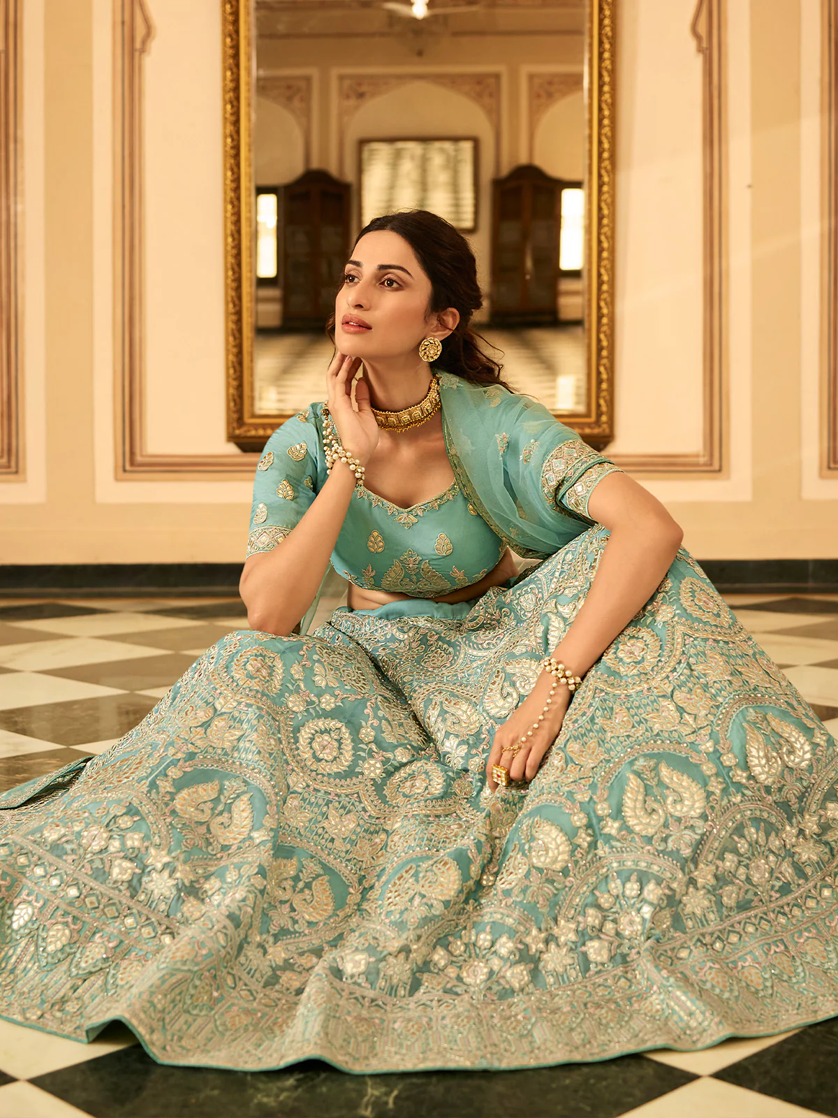 Odette Sea Green Embroidered Organza Semi Stitched Lehenga With Blouse For Women - Image 2