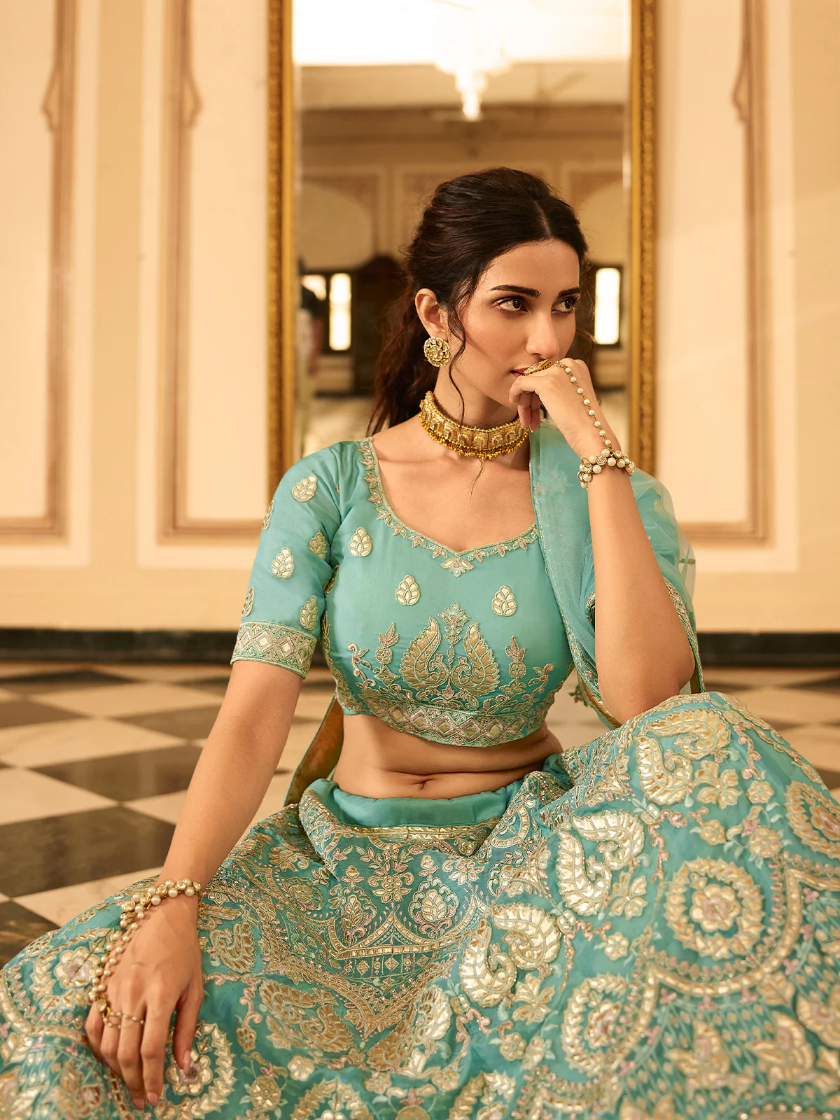 Odette Sea Green Embroidered Organza Semi Stitched Lehenga With Blouse For Women - Image 3