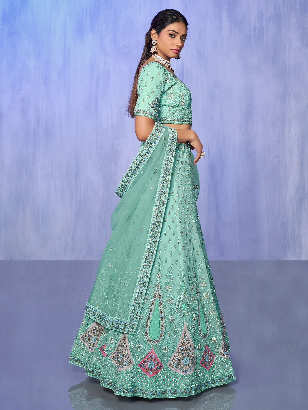 Odette Sea Green Embroidered Organza Semi Stitched Lehenga With Unstitched Blouse For Women - Image 3