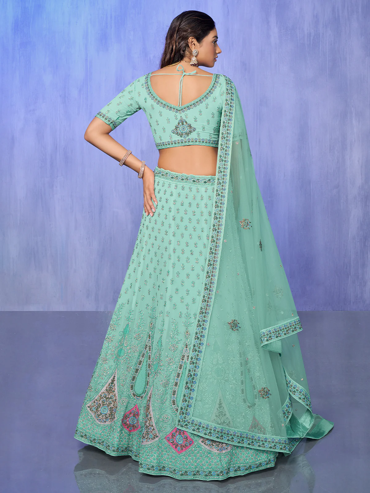 Odette Sea Green Embroidered Organza Semi Stitched Lehenga With Unstitched Blouse For Women - Image 4