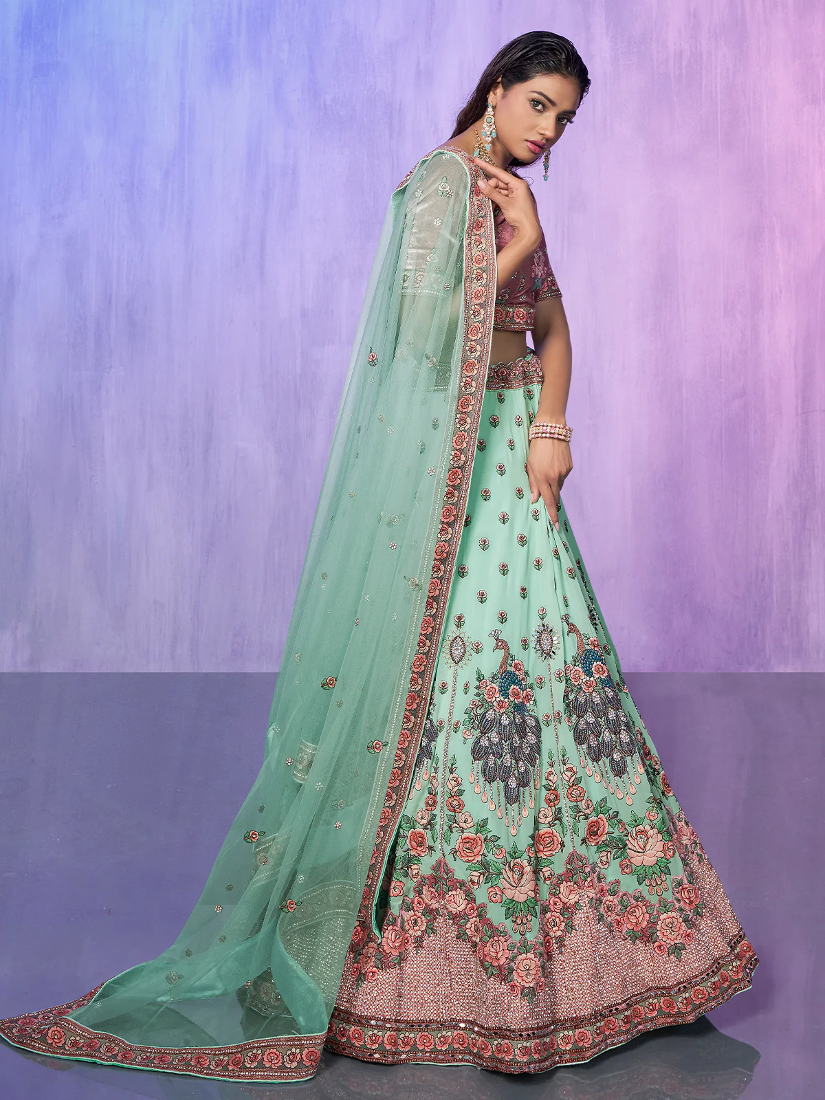 Odette Sea Green Embroidered Georgette Semi Stitched Lehenga With Unstitched Blouse For Women - Image 3