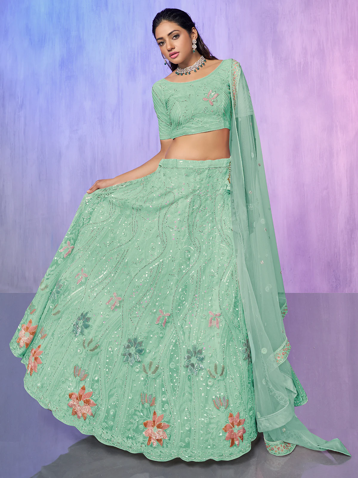 Odette Sea Green Embroidered Net Semi Stitched Lehenga With Unstitched Blouse For Women - Image 2