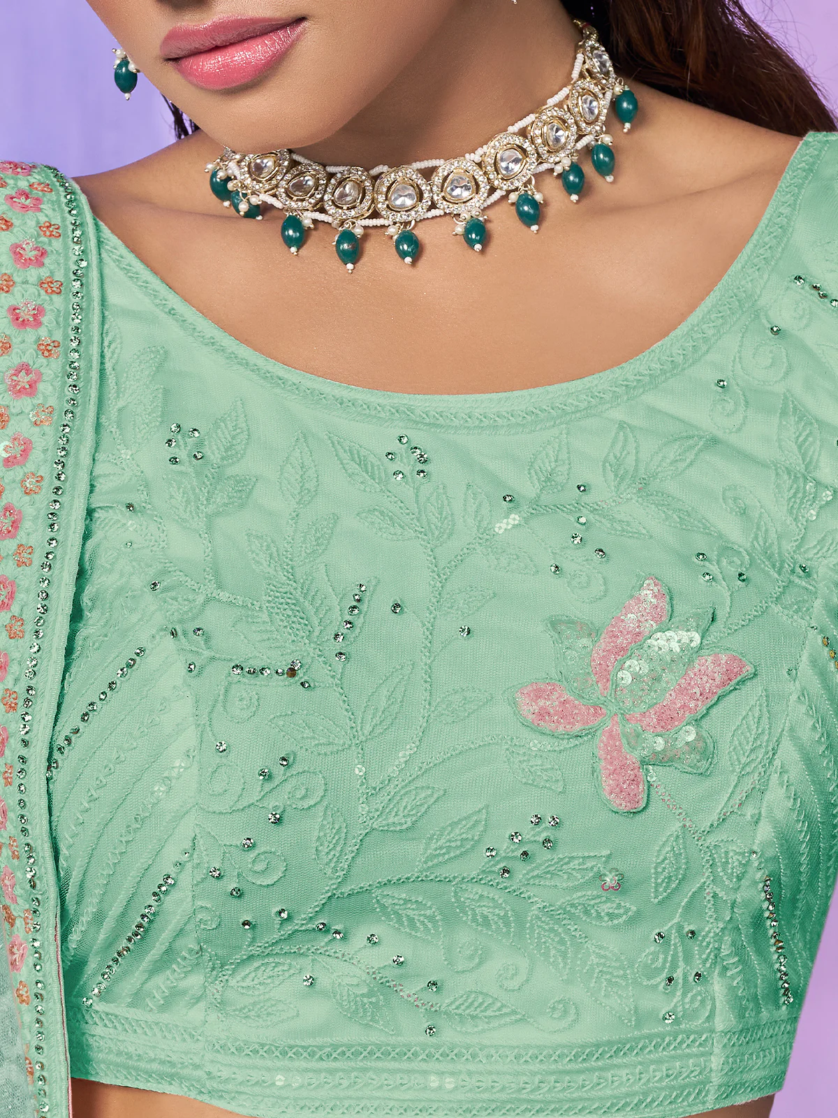 Odette Sea Green Embroidered Net Semi Stitched Lehenga With Unstitched Blouse For Women - Image 5
