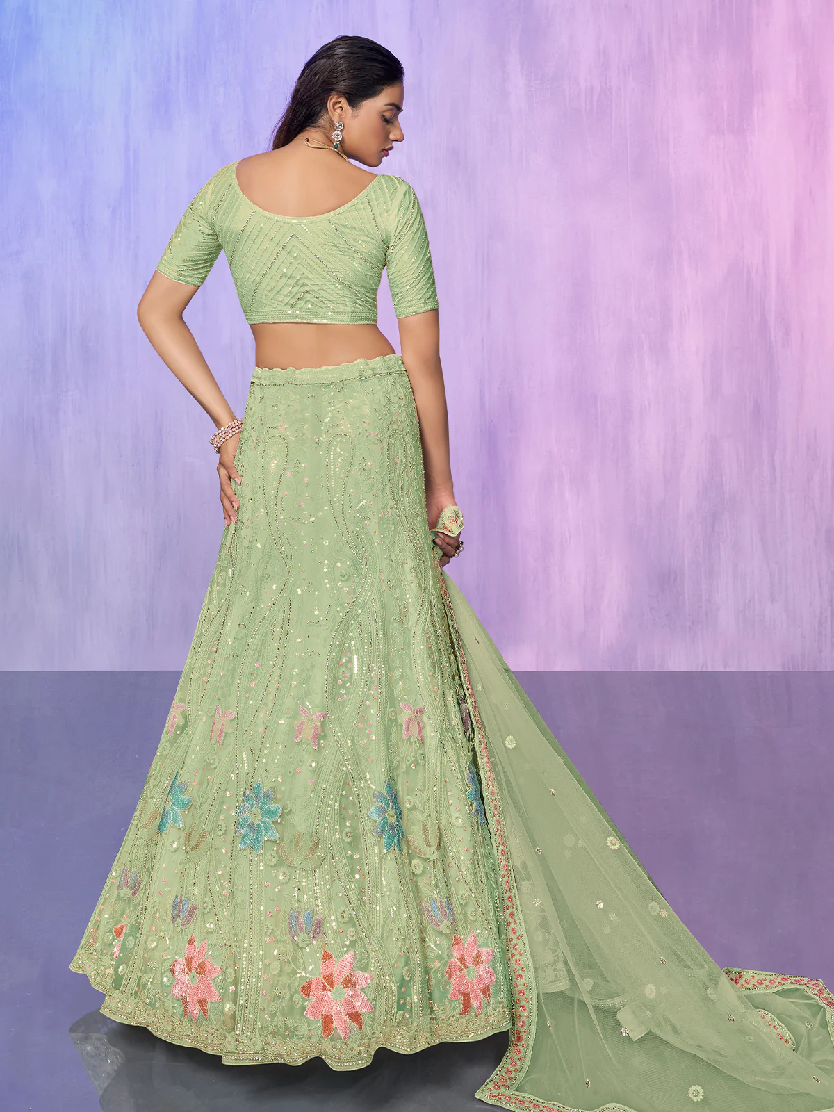 Odette Sea Green Embroidered Net Semi Stitched Lehenga With Unstitched Blouse For Women - Image 4