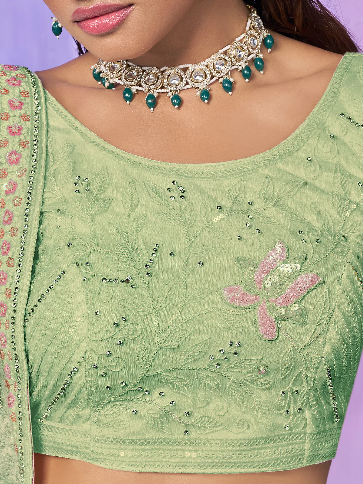 Odette Sea Green Embroidered Net Semi Stitched Lehenga With Unstitched Blouse For Women - Image 5