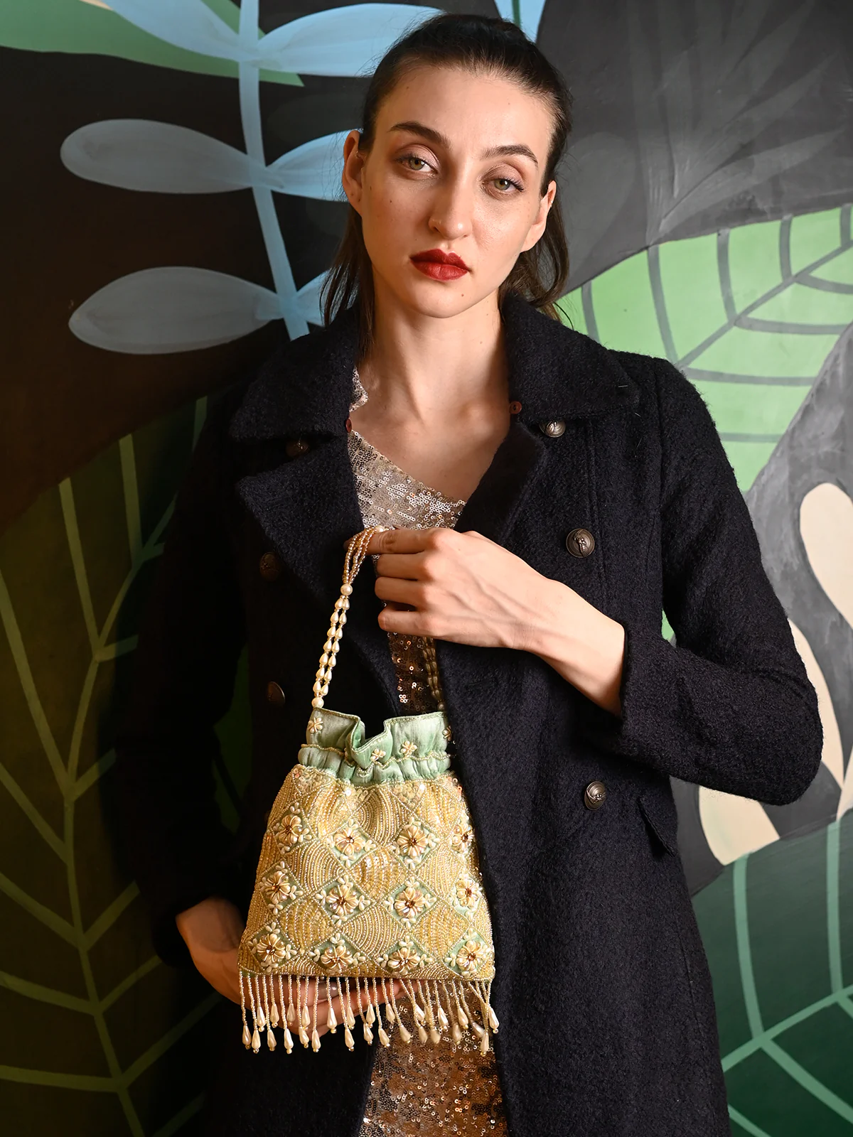 Odette Sea Green Embroidered Potli Bag For Women - Image 2