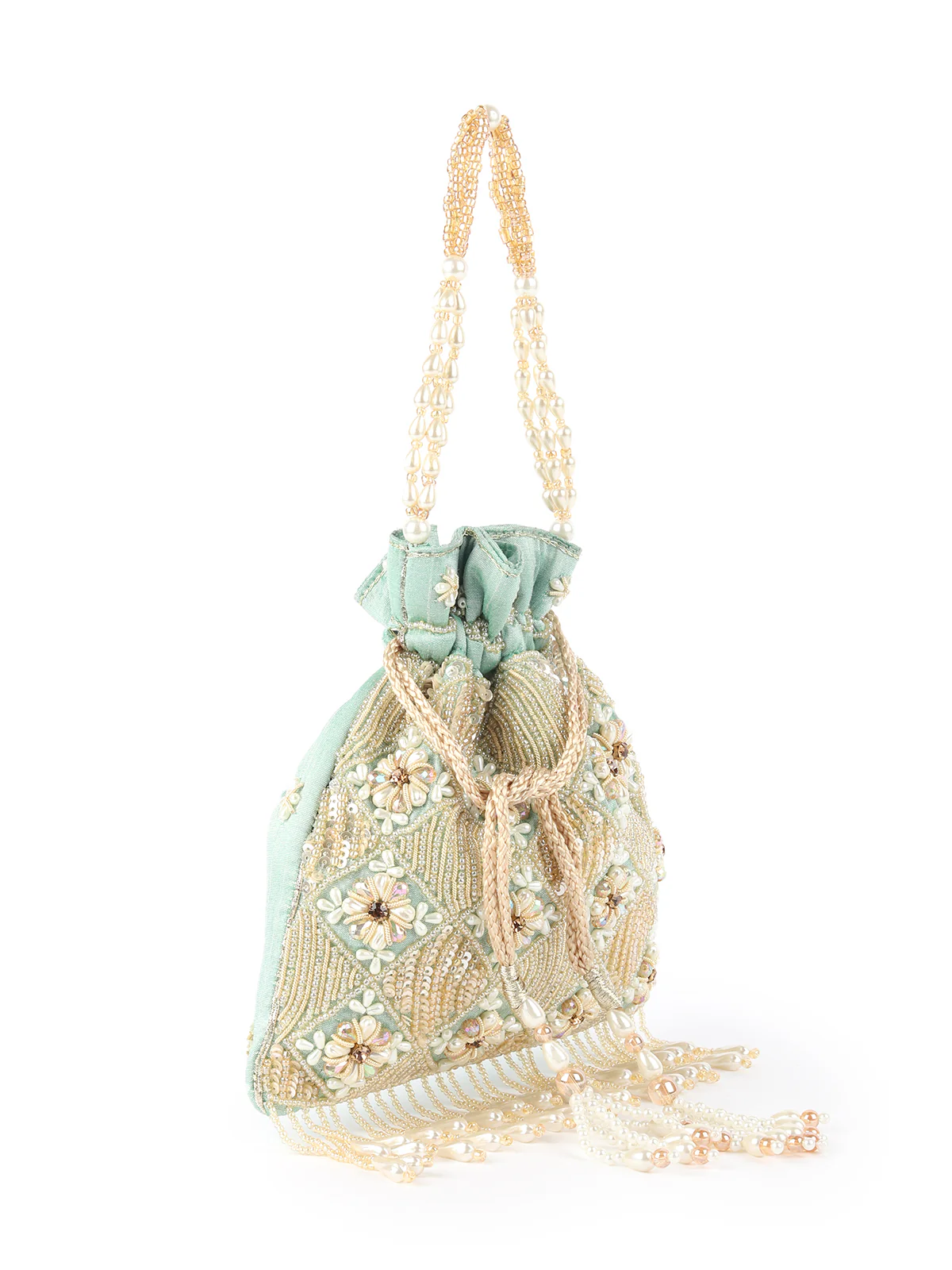 Odette Sea Green Embroidered Potli Bag For Women - Image 4