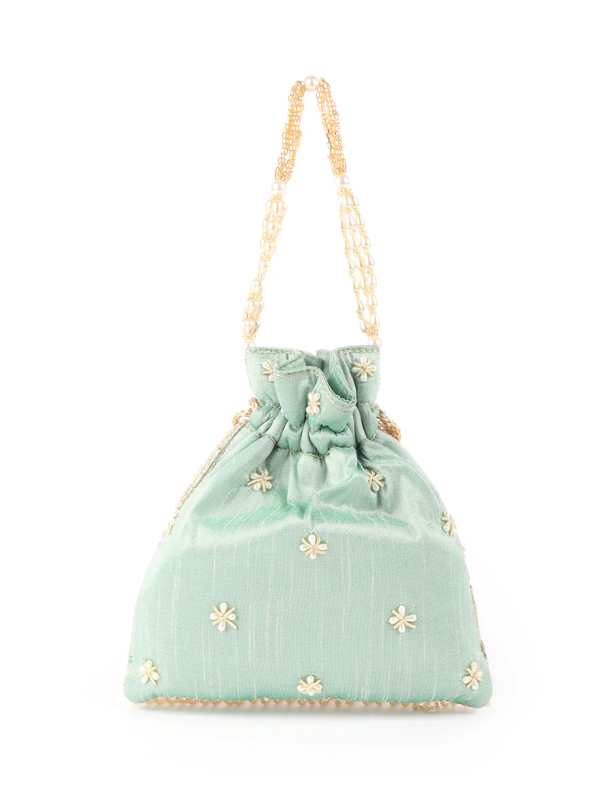 Odette Sea Green Embroidered Potli Bag For Women - Image 5