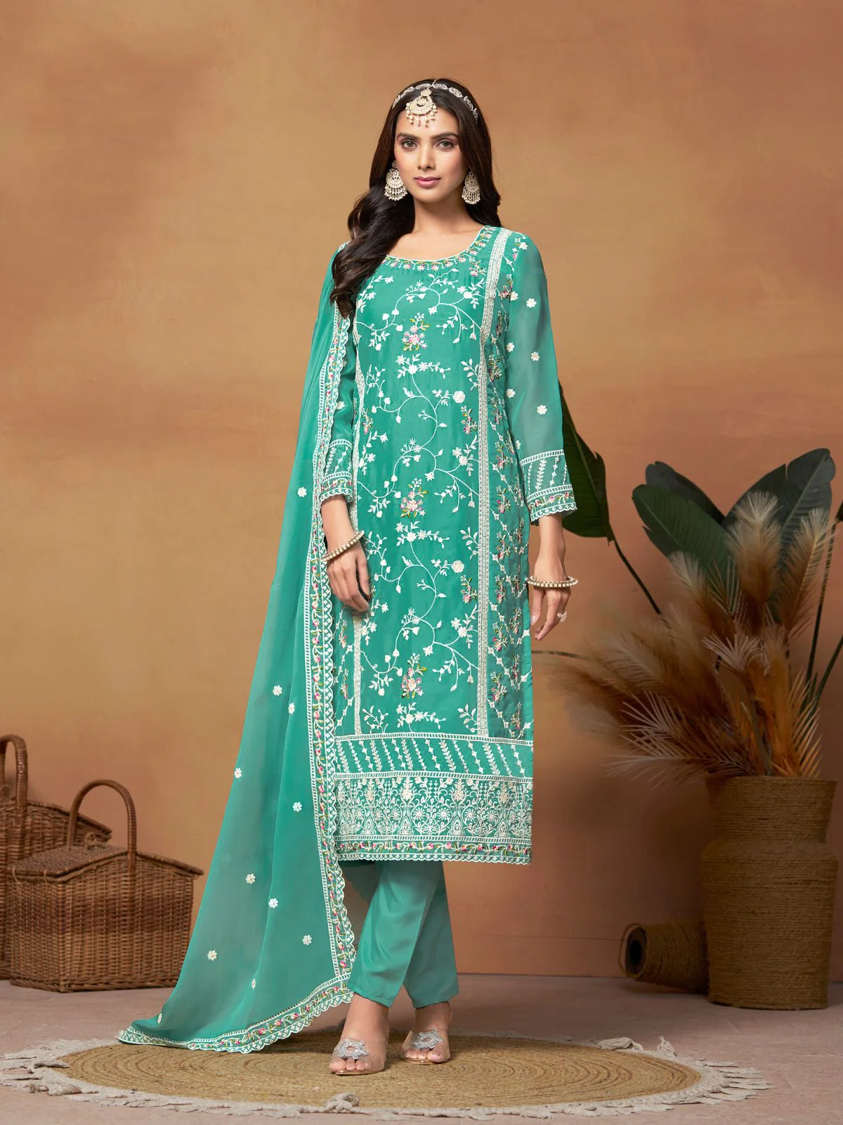 Odette Sea green Embroidered Semi Stitched Kurta Set For Women