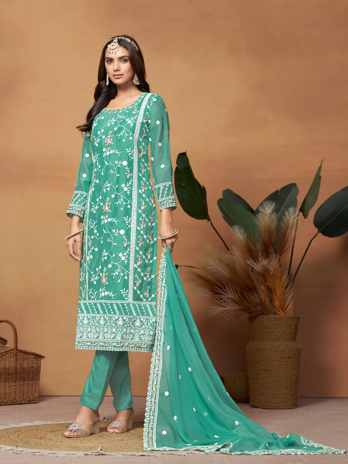 Odette Sea green Embroidered Semi Stitched Kurta Set For Women - Image 2