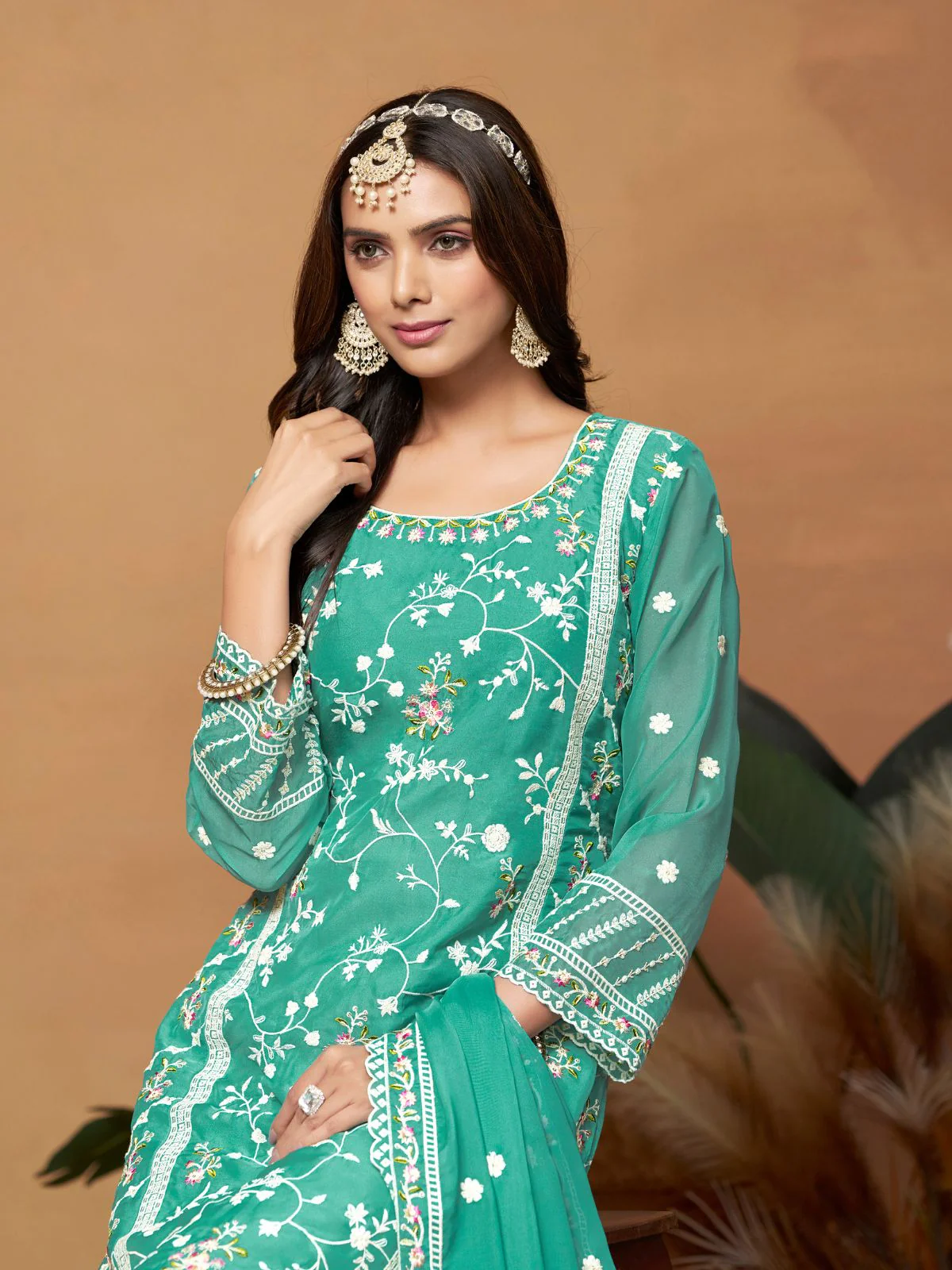 Odette Sea green Embroidered Semi Stitched Kurta Set For Women - Image 3
