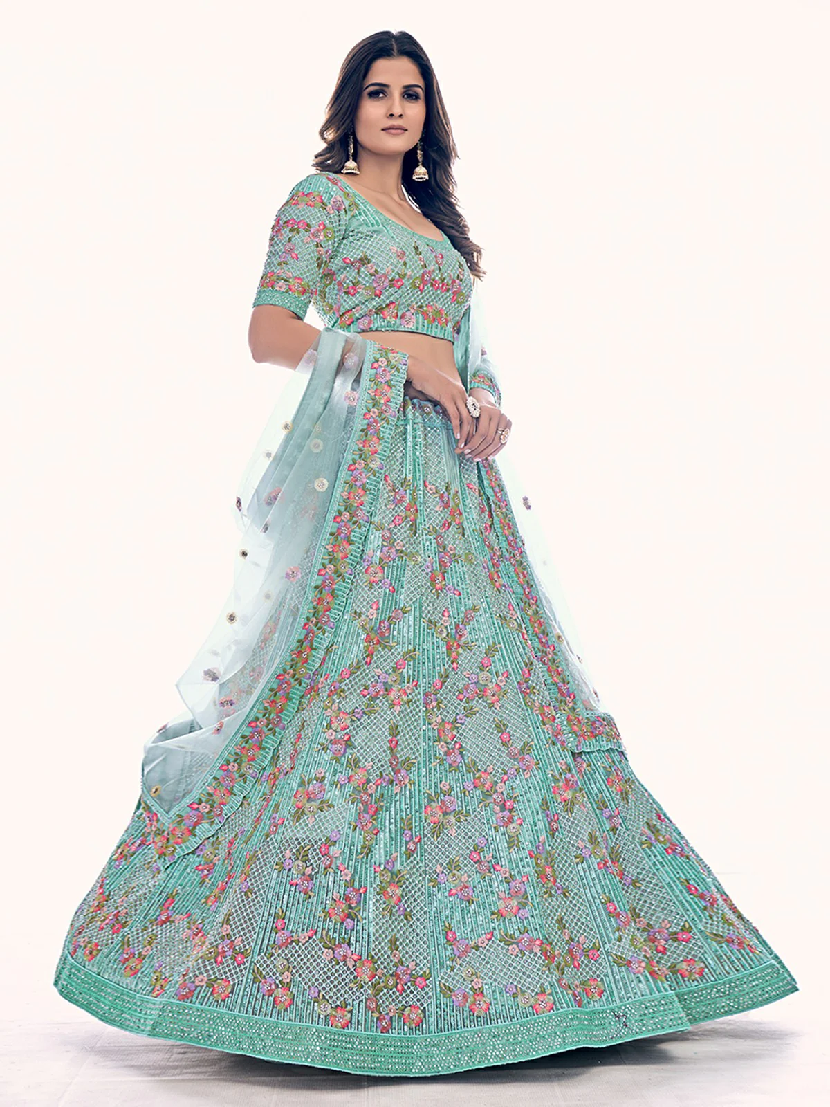 Odette Sea Green Embroidered Soft Net Semi Stitched Lehenga With Blouse For Women - Image 2