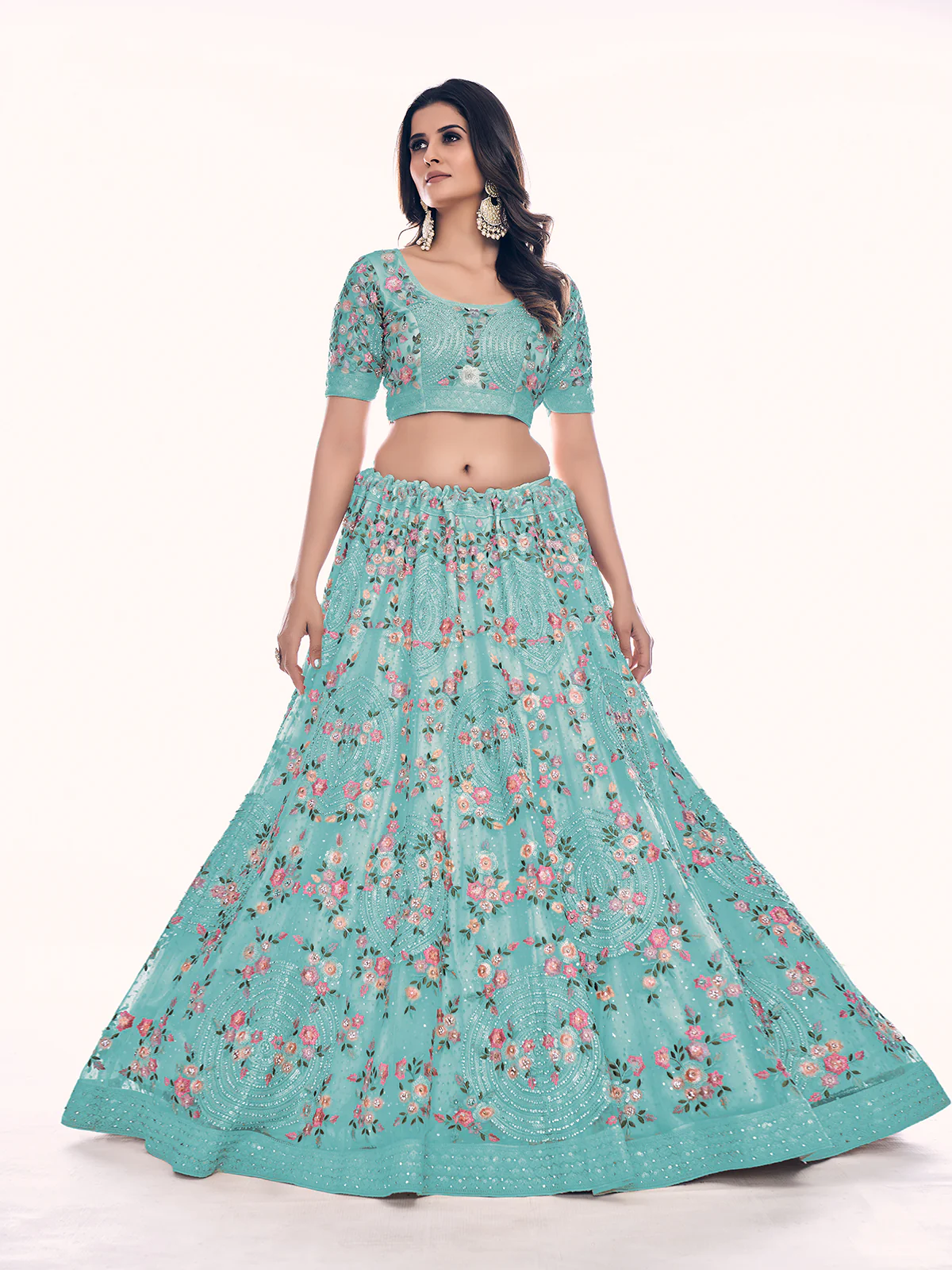 Odette Sea Green Embroidered Soft Net Semi Stitched Lehenga With Blouse For Women - Image 3