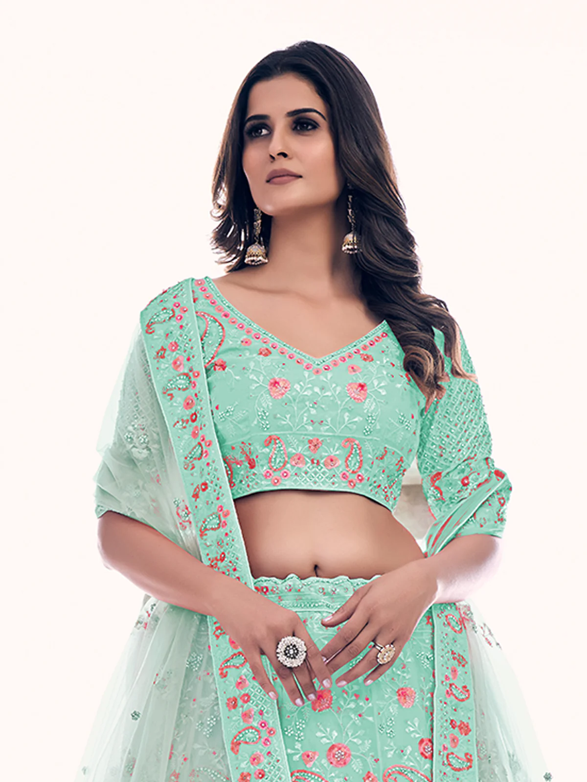 Odette Sea Green Embroidered Soft Net Semi Stitched Lehenga With Blouse For Women - Image 5