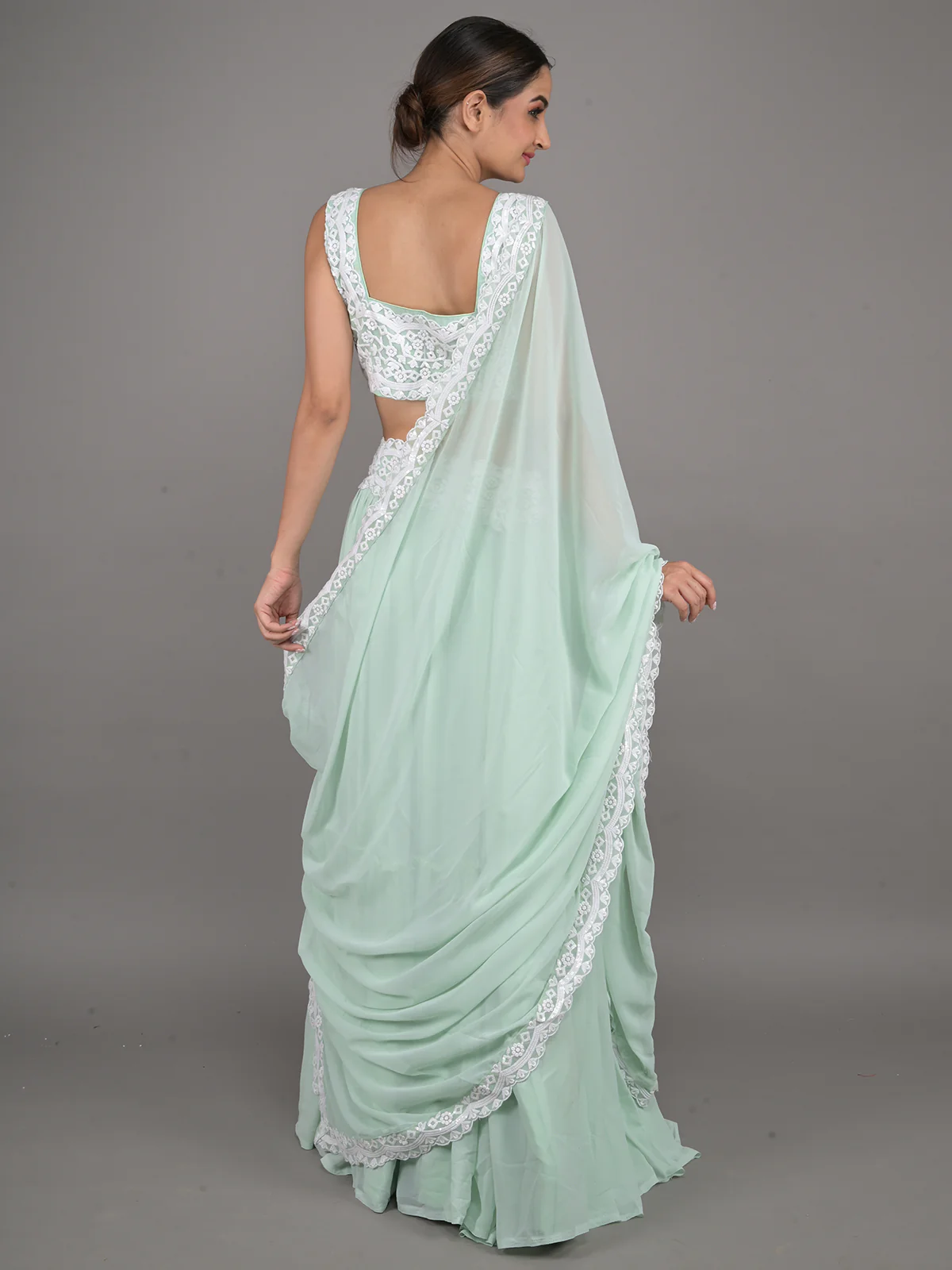 Odette Sea Green Georgette Embroidered Semi Stitched Lehenga With Unstitched Blouse For Women - Image 3