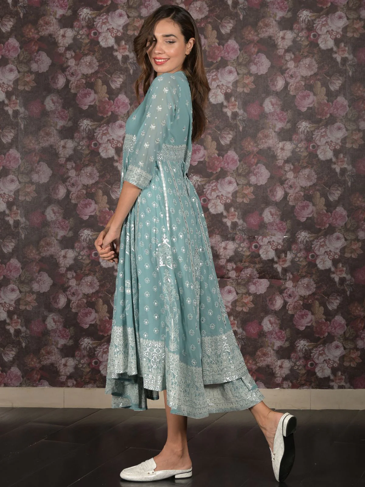 Odette Sea Green Foil Printed Fit and Flared Stitched Georgette Kurta for Women - Image 2