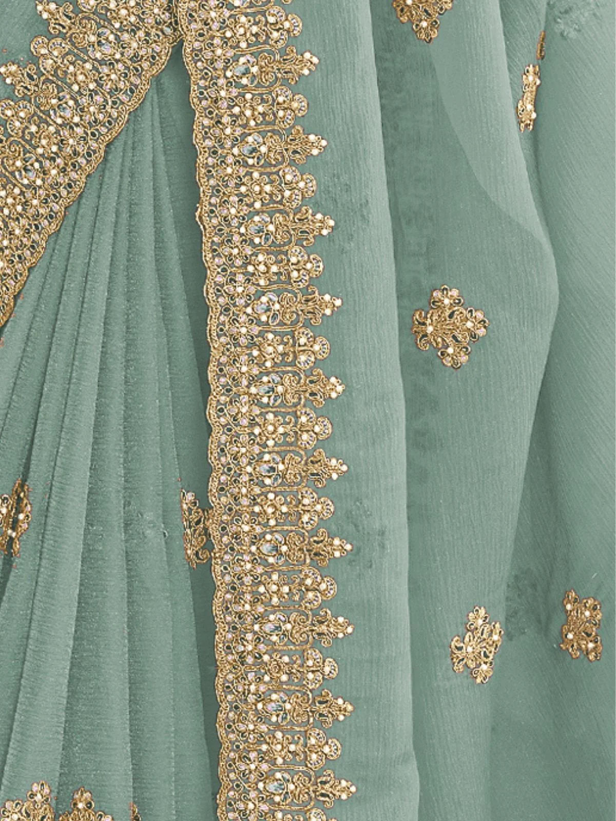 Odette Sea Green Georgette Crush Embellished Elegant Saree For Women - Image 4