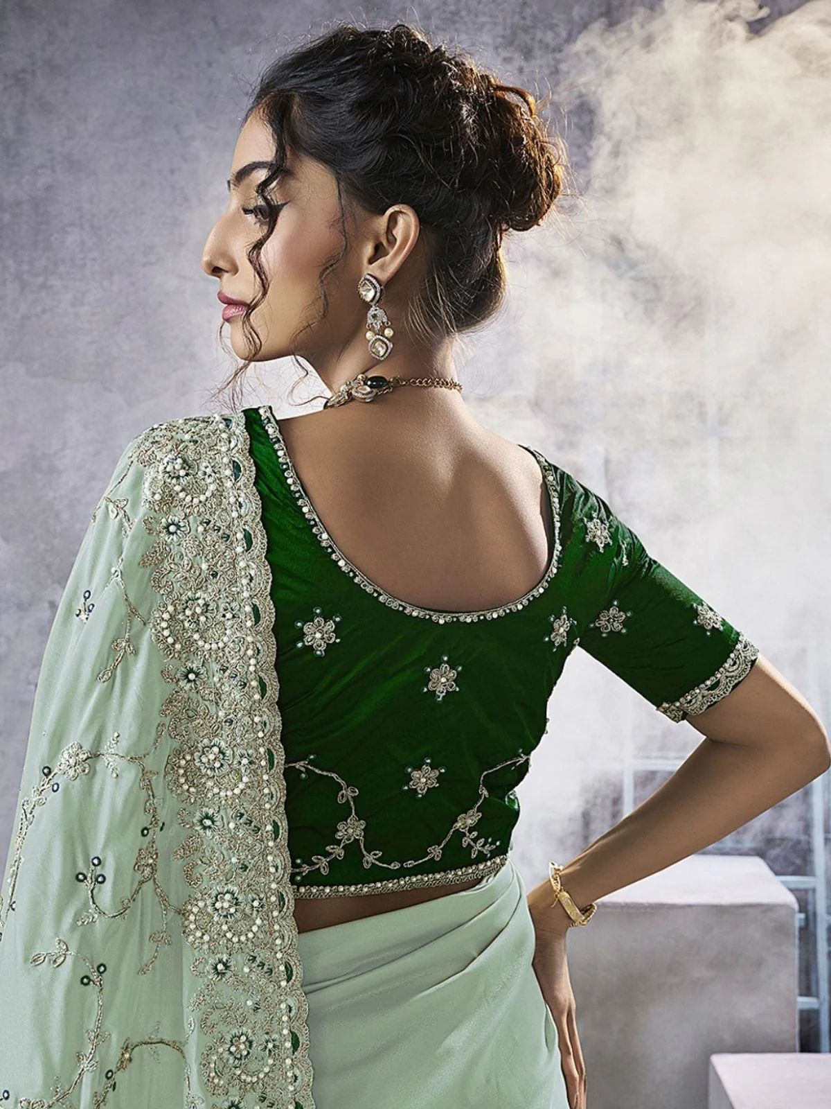 Odette Sea Green Georgette Embellished Elegant Saree For Women - Image 3