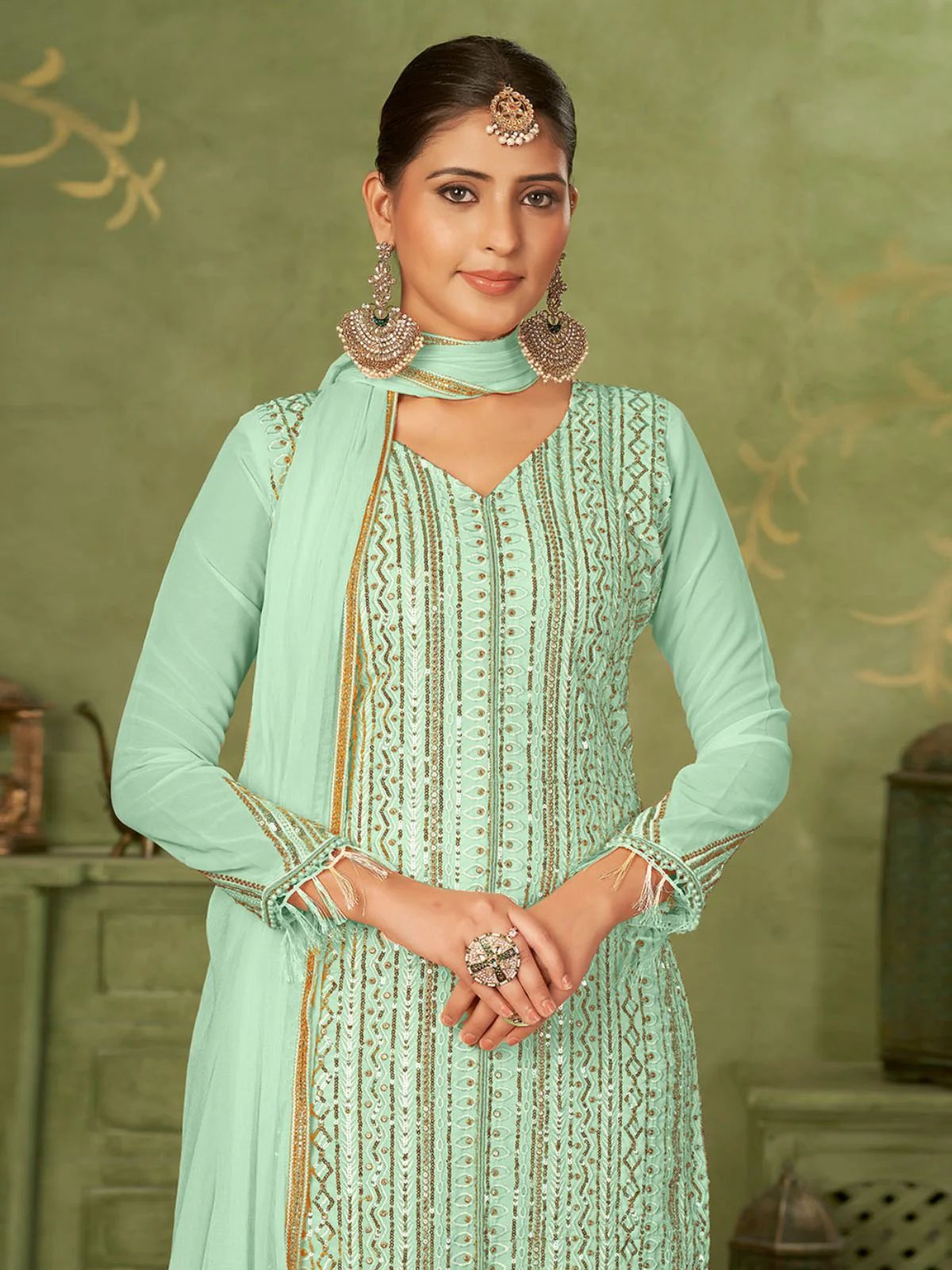 Odette Sea Green Georgette Embellished Semi Stitched Kurta Set For Women - Image 2