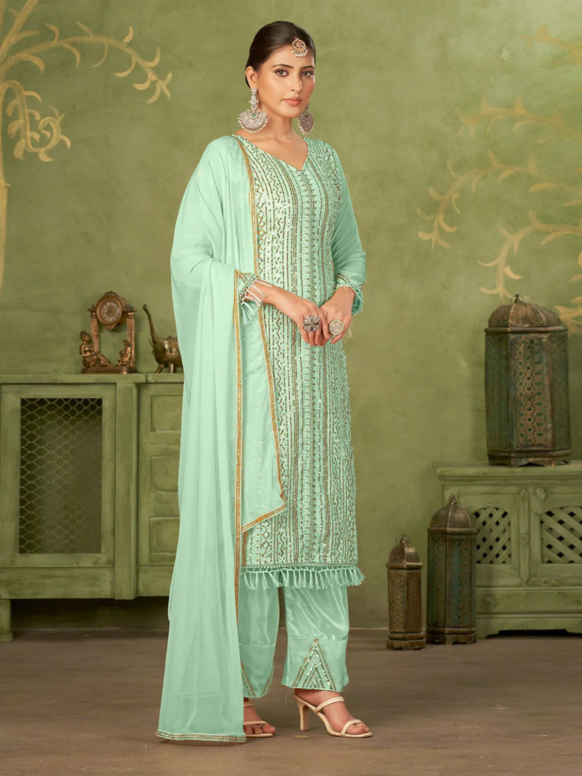 Odette Sea Green Georgette Embellished Semi Stitched Kurta Set For Women - Image 4