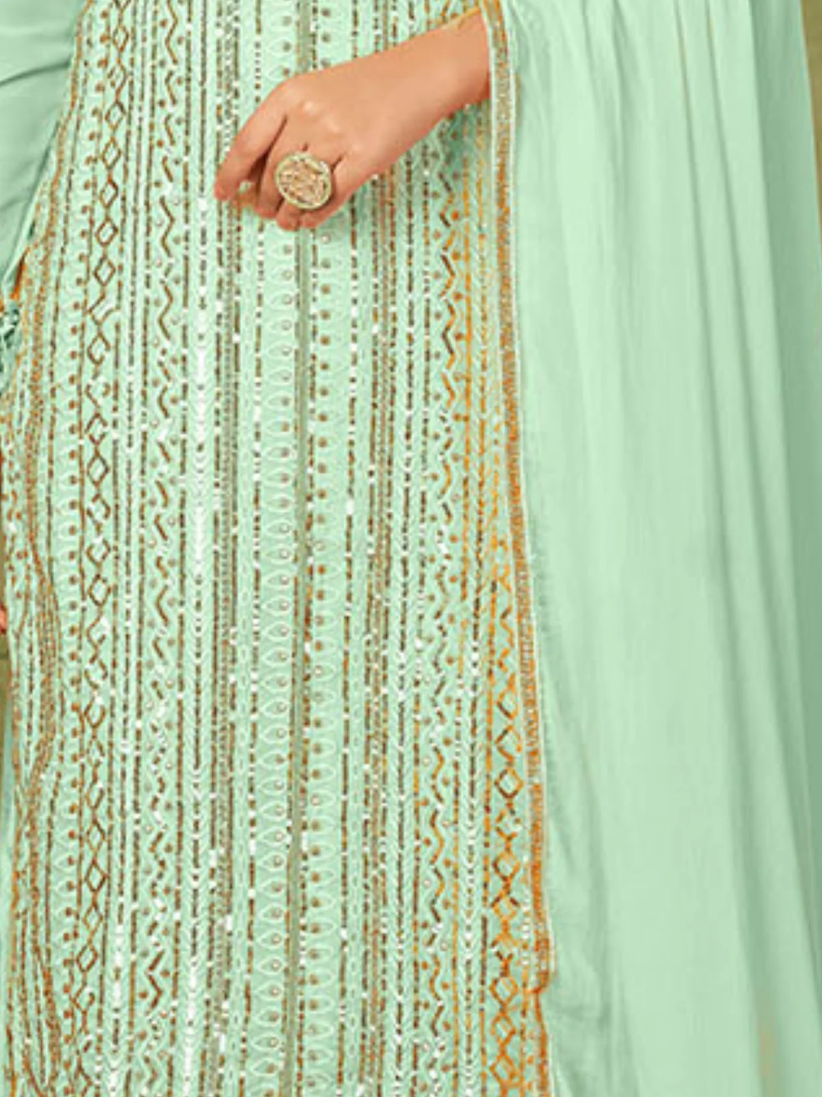 Odette Sea Green Georgette Embellished Semi Stitched Kurta Set For Women - Image 6