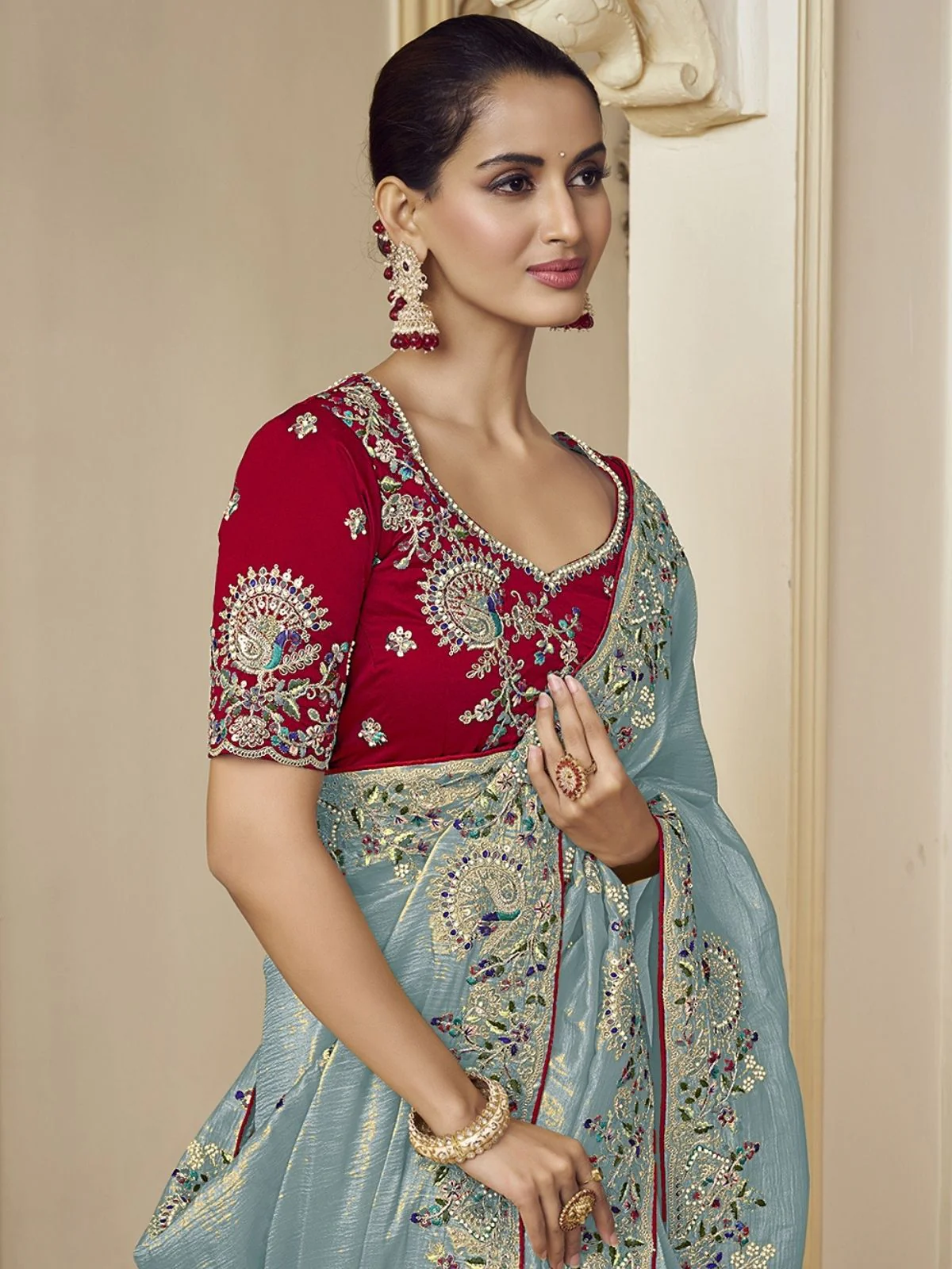 Odette Sea Green Georgette Embroidered Elegant Saree For Women - Image 2