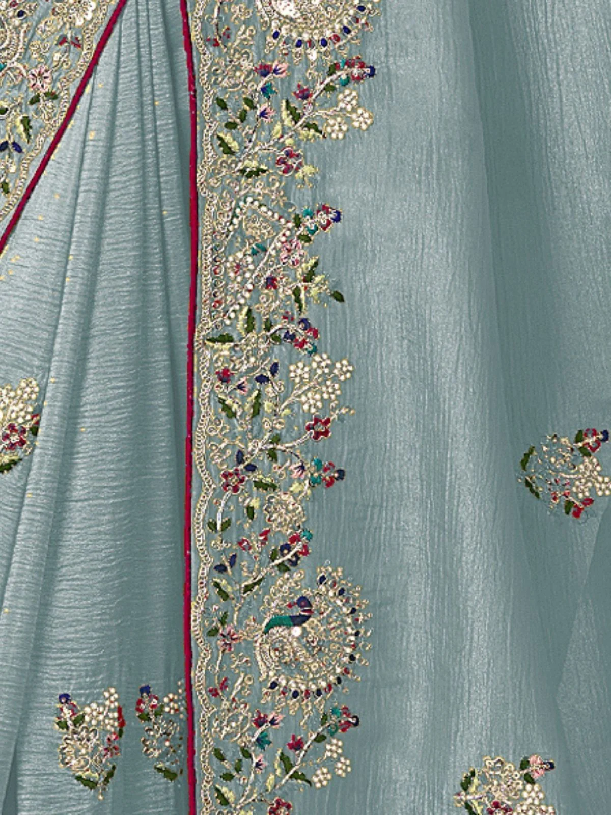Odette Sea Green Georgette Embroidered Elegant Saree For Women - Image 4