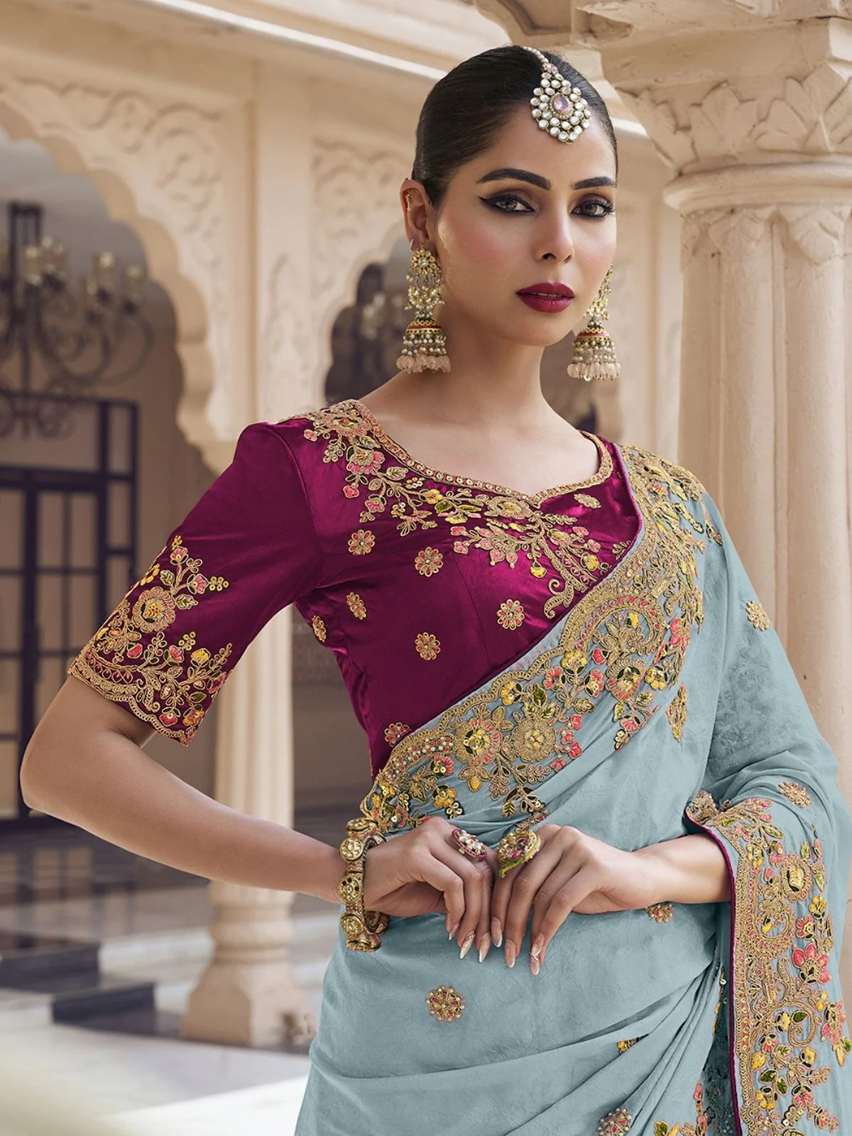 Odette Sea Green Georgette Embroidered Elegant Saree For Women - Image 3
