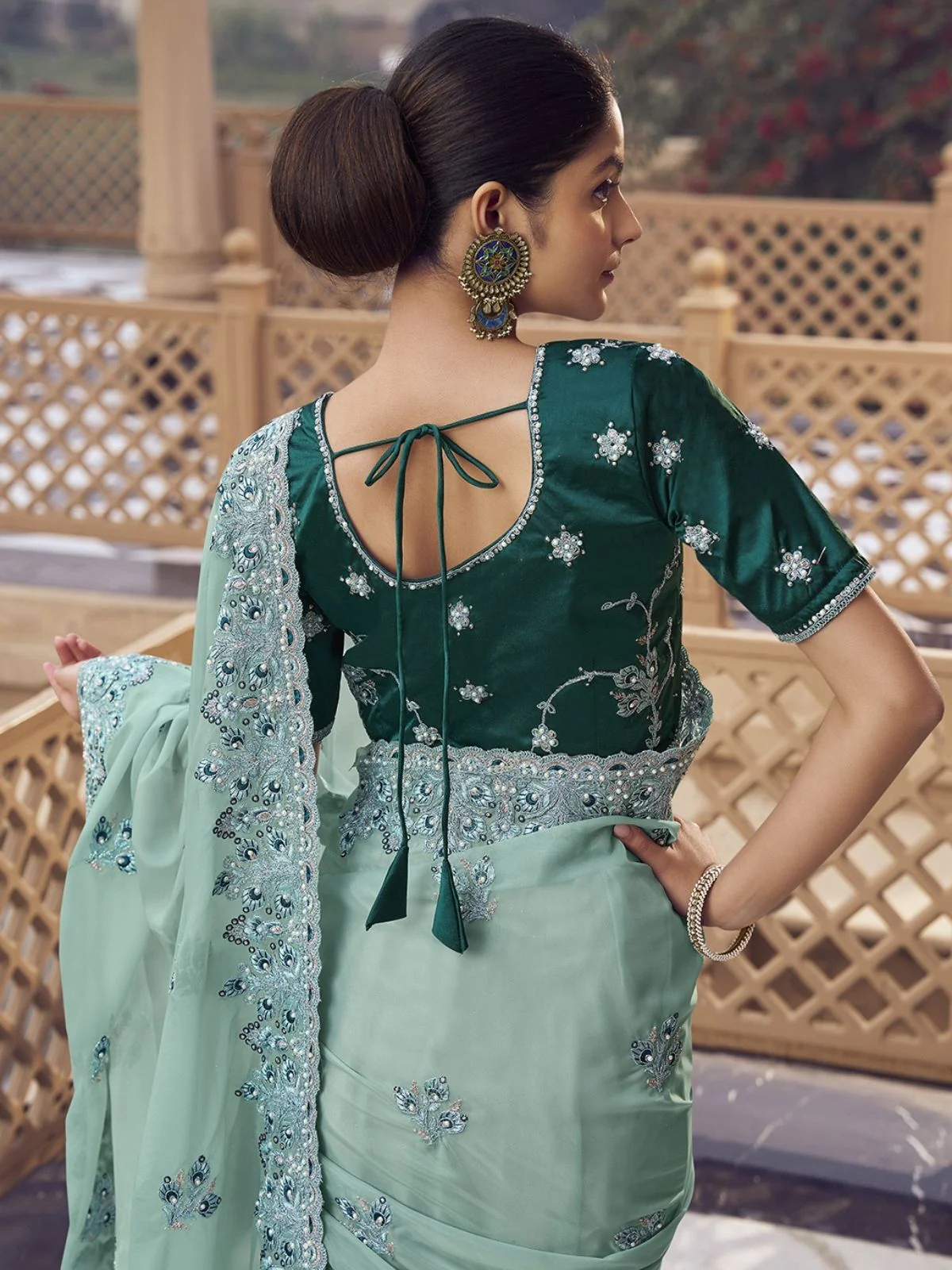 Odette Sea Green Georgette Embroidered Elegant Saree For Women - Image 2