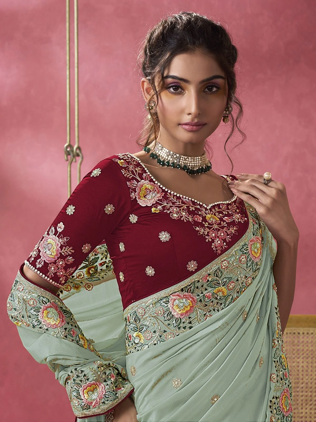 Odette Sea Green Georgette Embroidered Elegant Saree For Women - Image 2