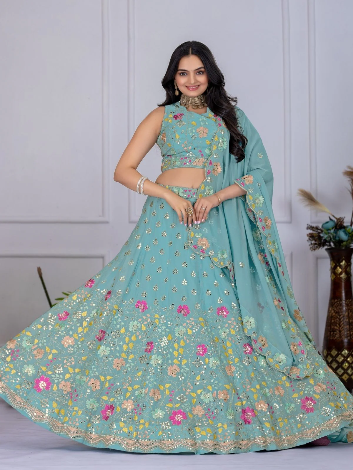 Odette Sea Green Georgette Embroidered Semi-Stitched lehenga For Women - Image 2