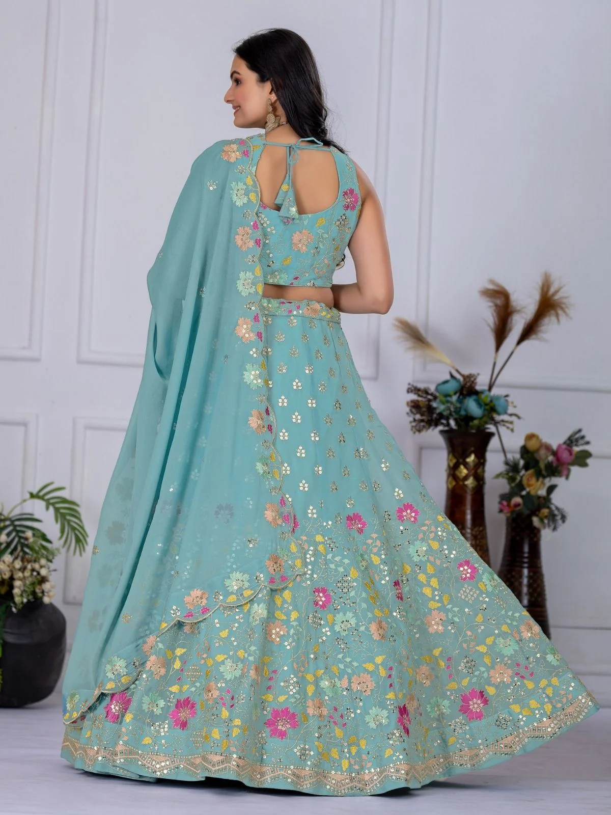 Odette Sea Green Georgette Embroidered Semi-Stitched lehenga For Women - Image 4