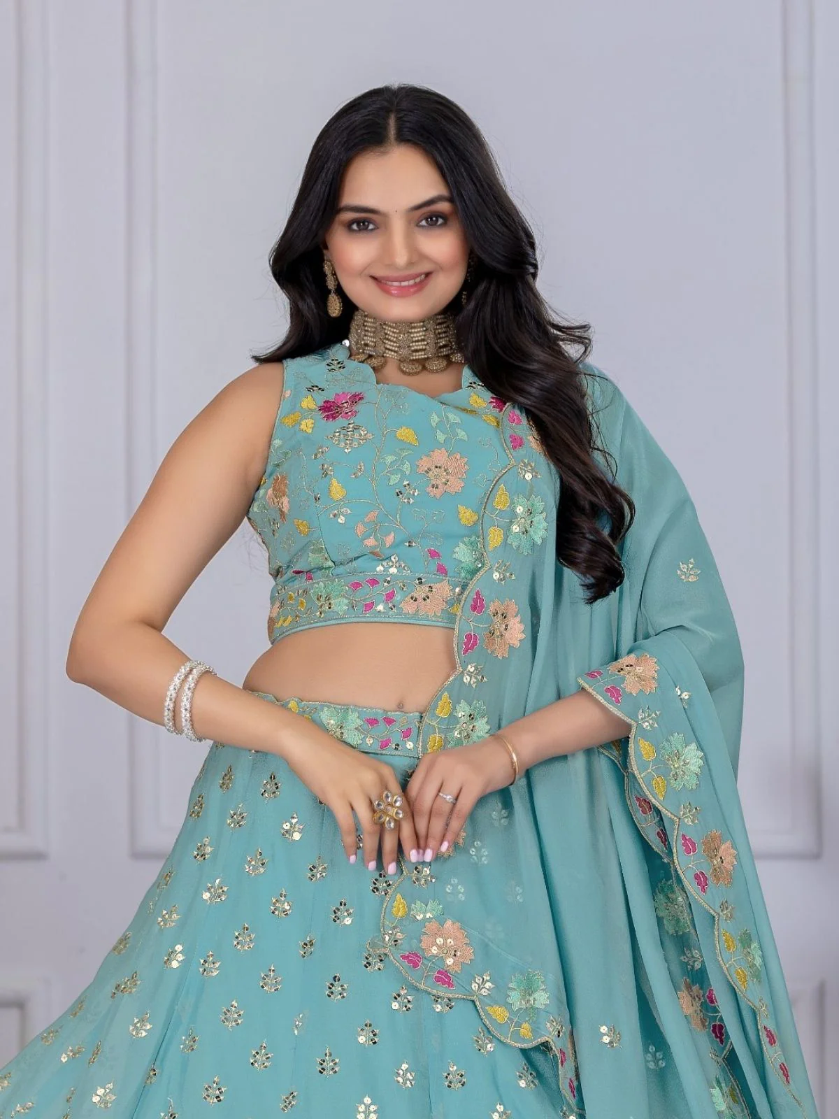 Odette Sea Green Georgette Embroidered Semi-Stitched lehenga For Women - Image 5