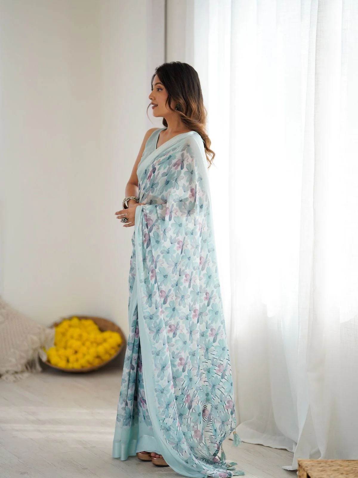 Odette Sea Green Georgette Printed Saree For Women - Image 2