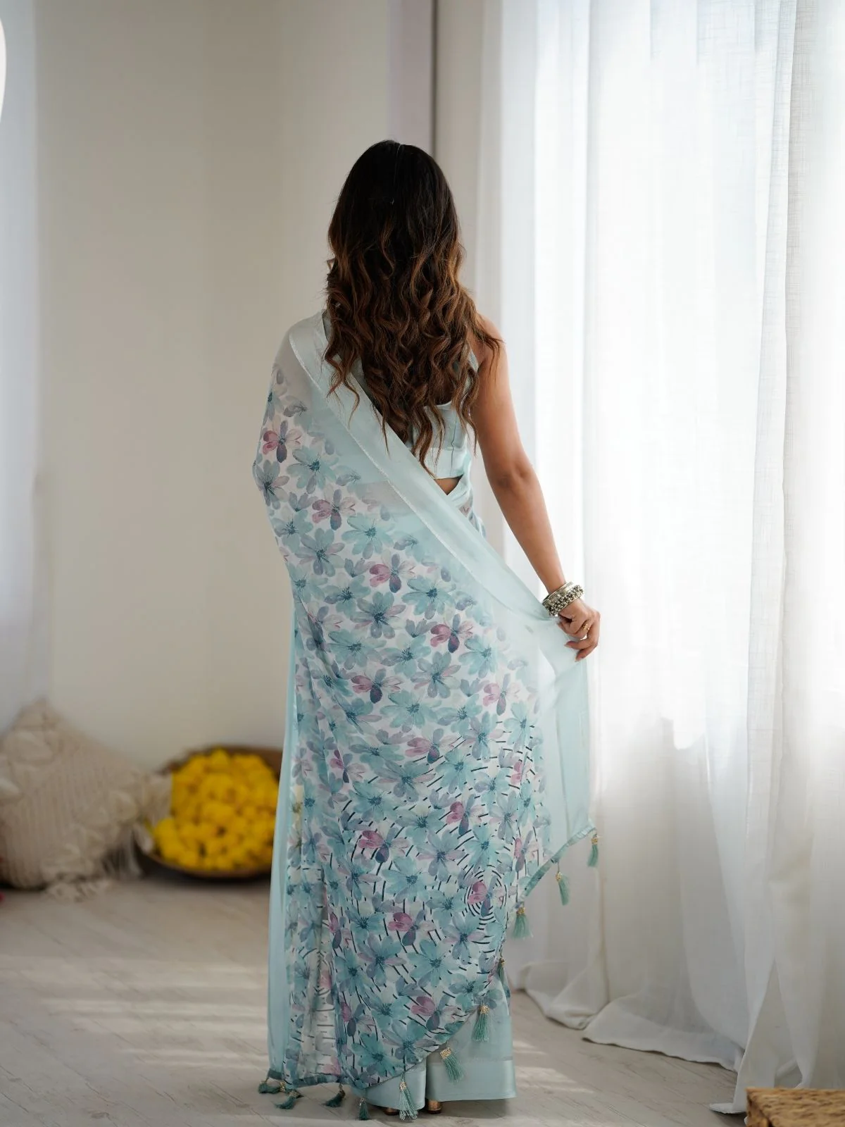 Odette Sea Green Georgette Printed Saree For Women - Image 3