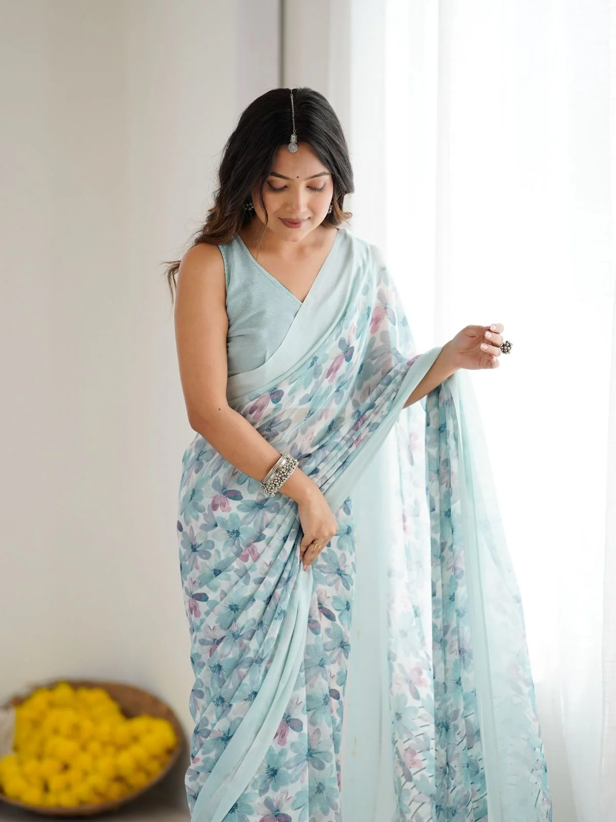 Odette Sea Green Georgette Printed Saree For Women - Image 4