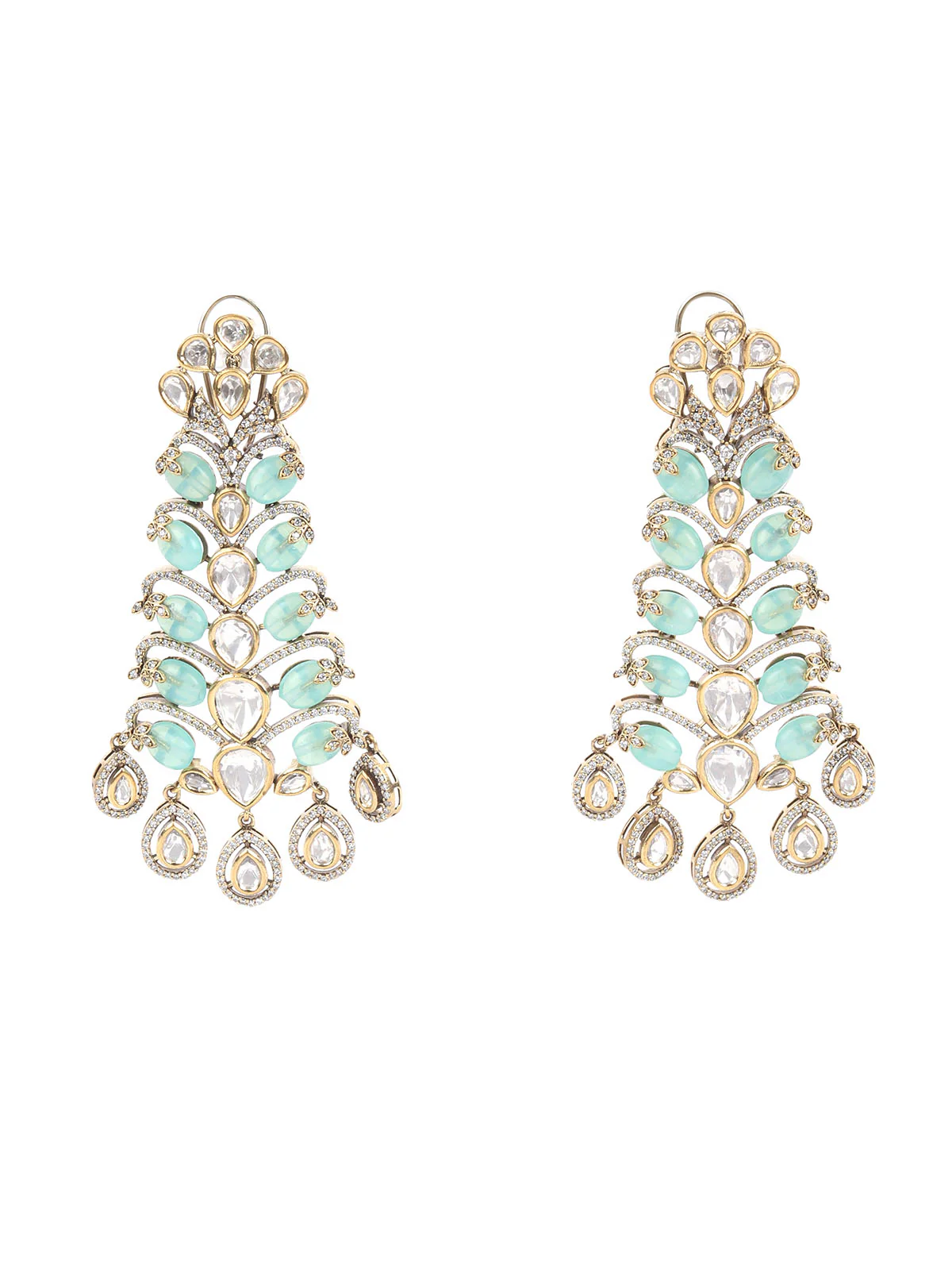 Odette Sea Green Kundan Gold Plated Dangler Earrings For Women - Image 3