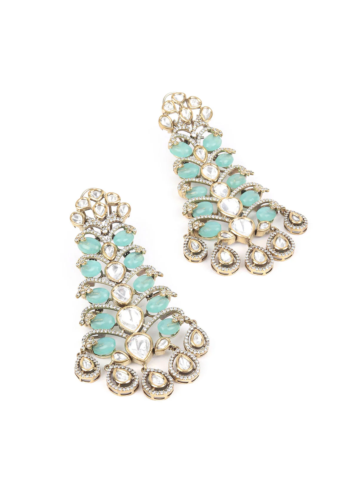 Odette Sea Green Kundan Gold Plated Dangler Earrings For Women - Image 4