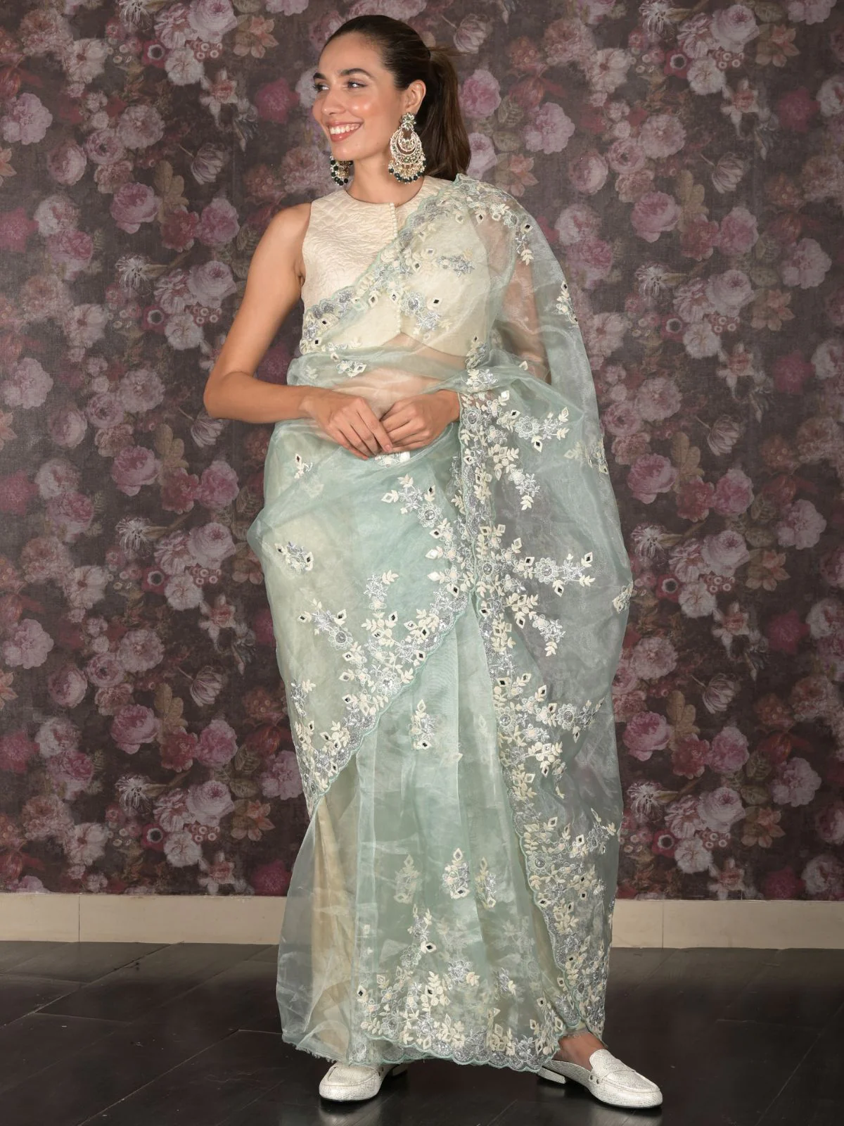 Odette Sea Green Mirror Embroidered Organza Saree for Women - Image 3