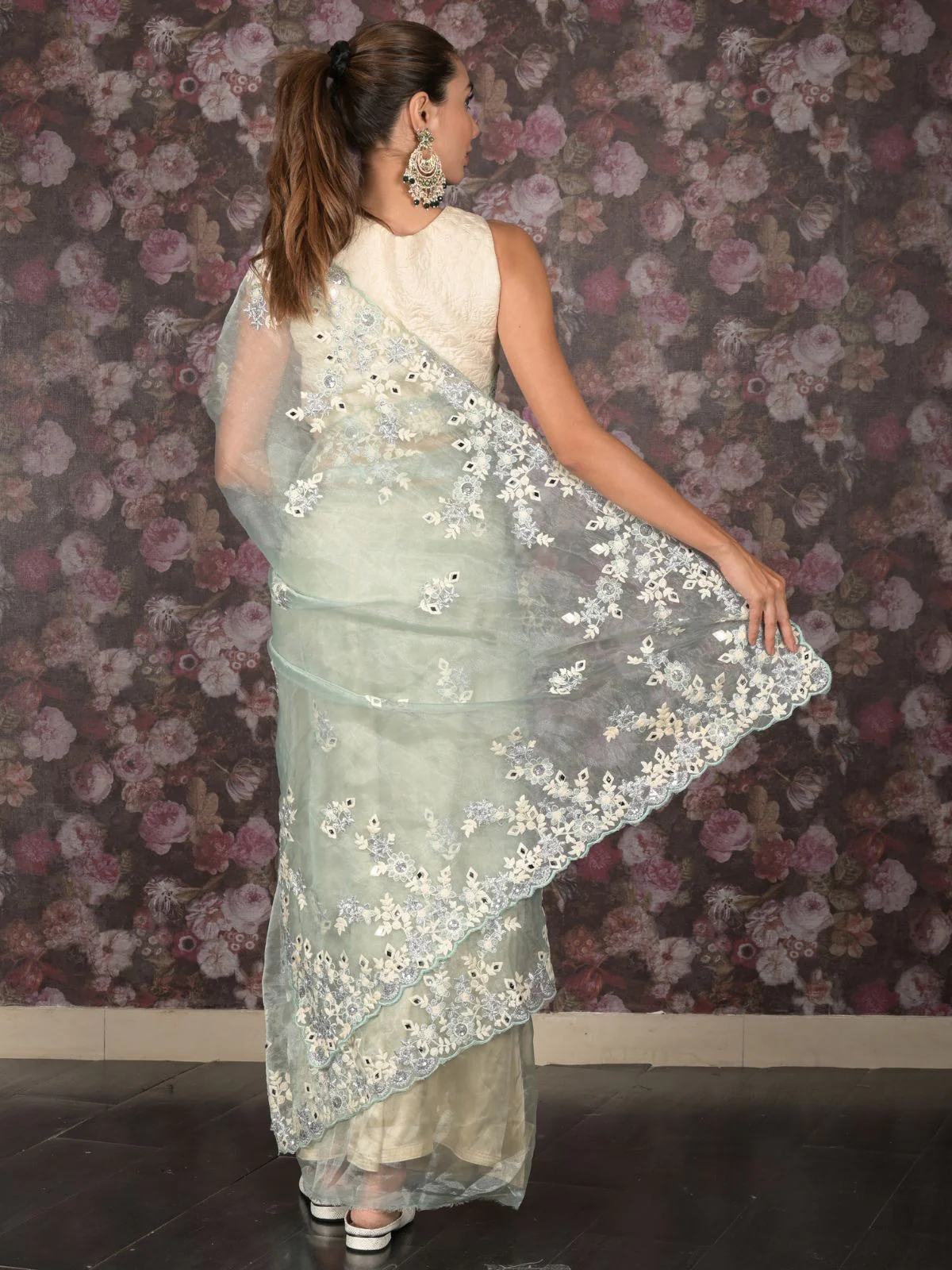 Odette Sea Green Mirror Embroidered Organza Saree for Women - Image 4