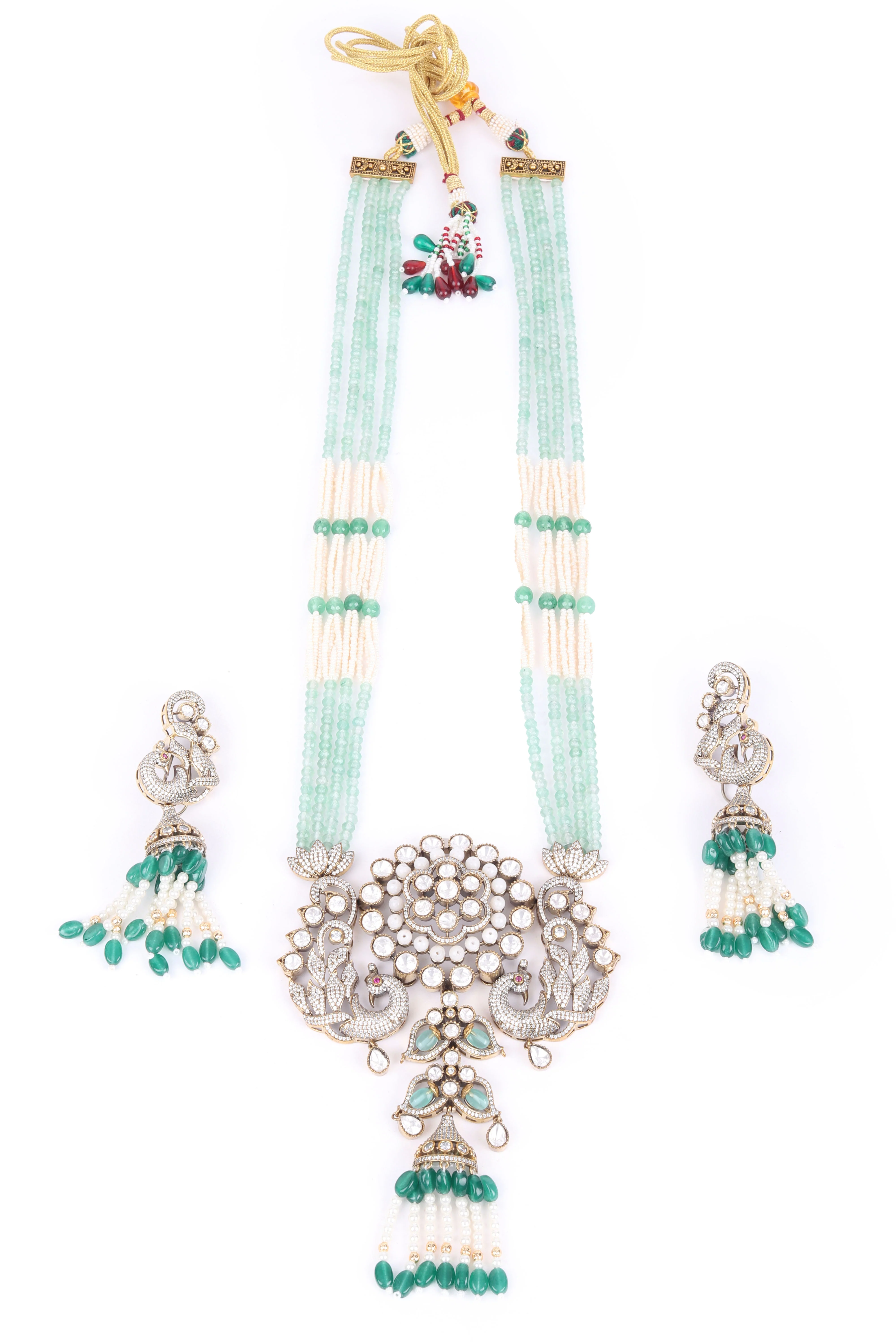 Odette Sea Green Mixed Metal Embellished Beads Neckpiece Set For Women - Image 3