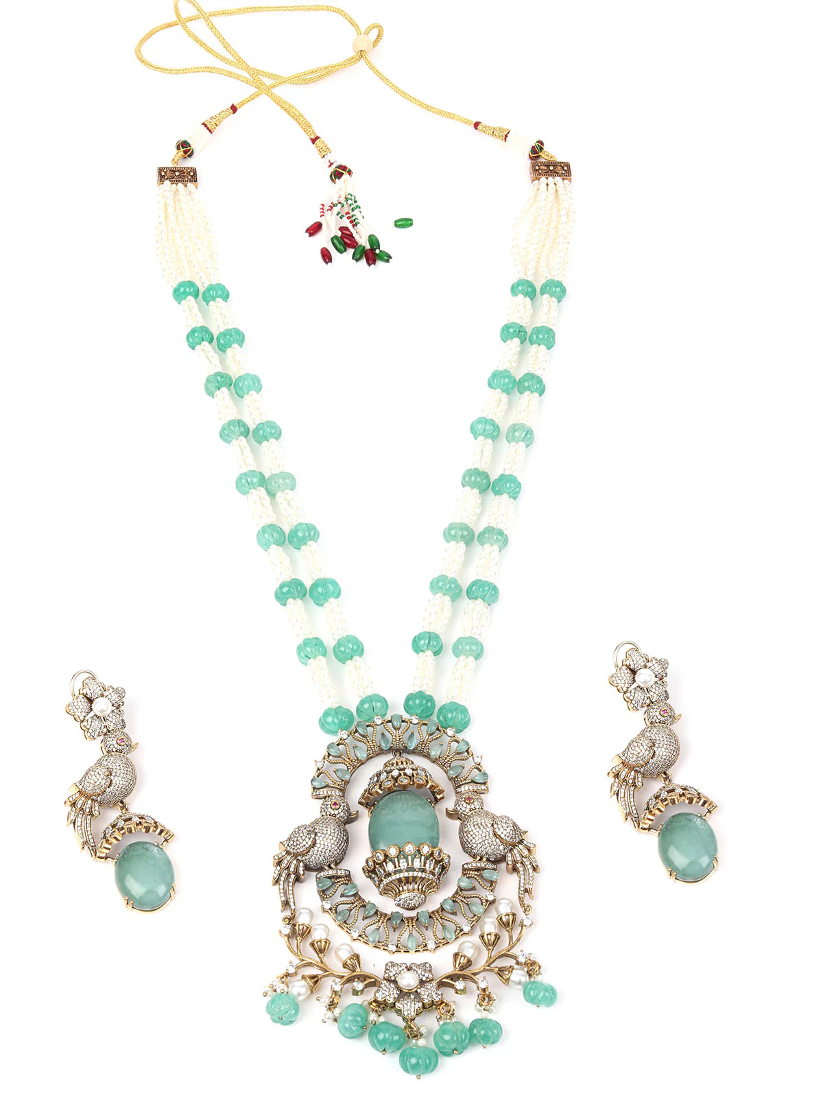 Odette Sea Green Mixed Metal Embellished Gold Plated Neckpiece Set For Women - Image 3