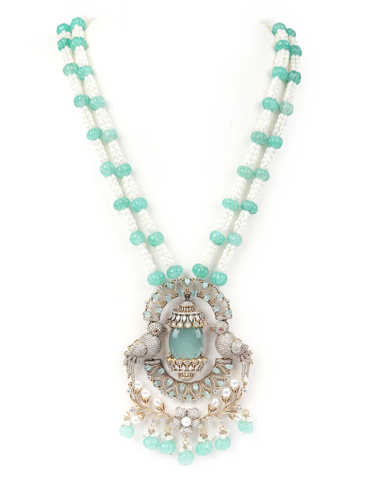 Odette Sea Green Mixed Metal Embellished Gold Plated Neckpiece Set For Women - Image 4