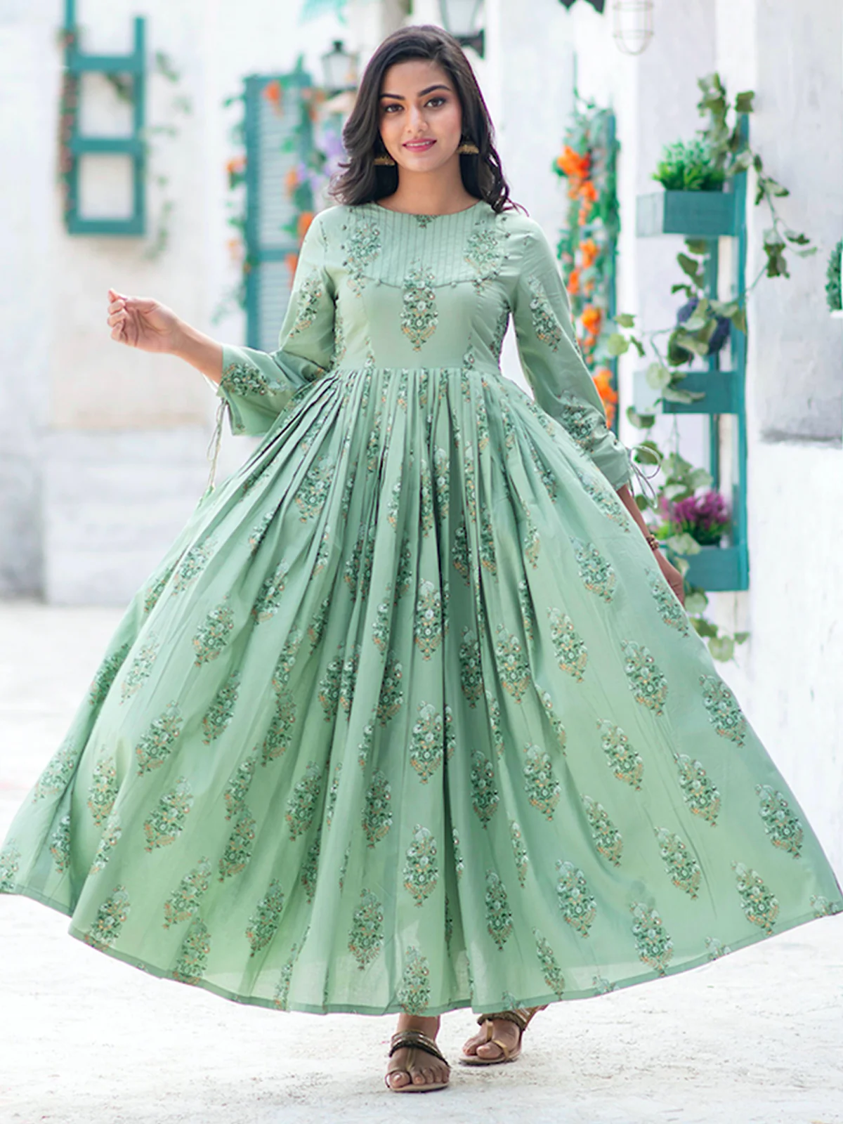 Odette Sea Green Muslin Printed Stitched Gown for Women - Image 2