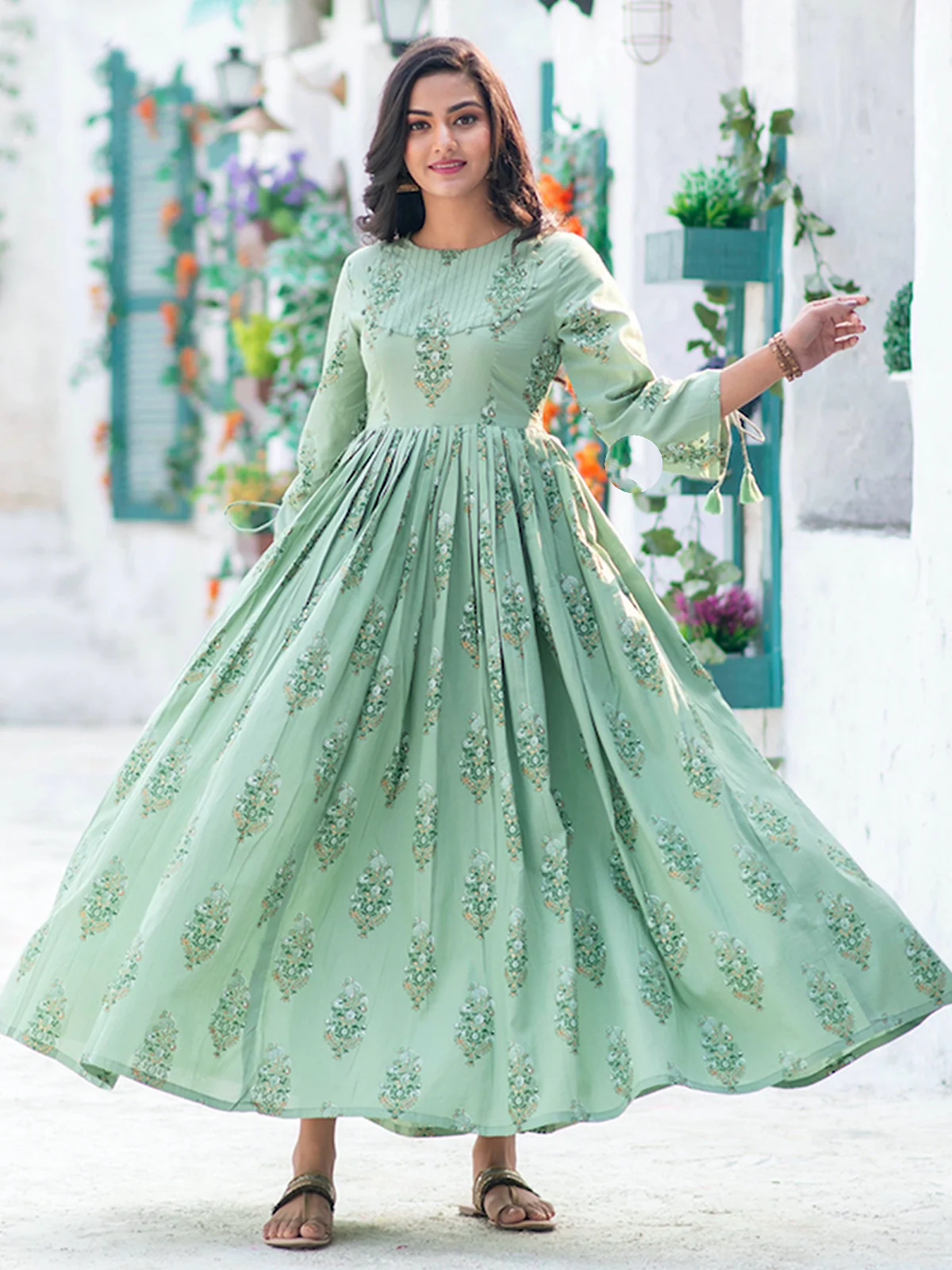 Odette Sea Green Muslin Printed Stitched Gown for Women - Image 3