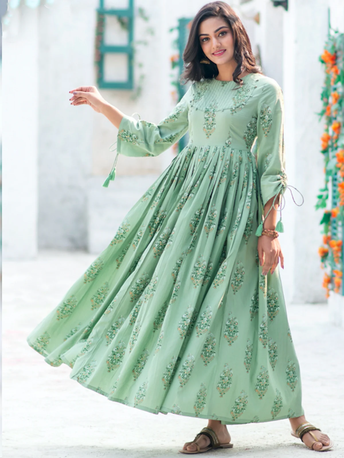 Odette Sea Green Muslin Printed Stitched Gown for Women - Image 4