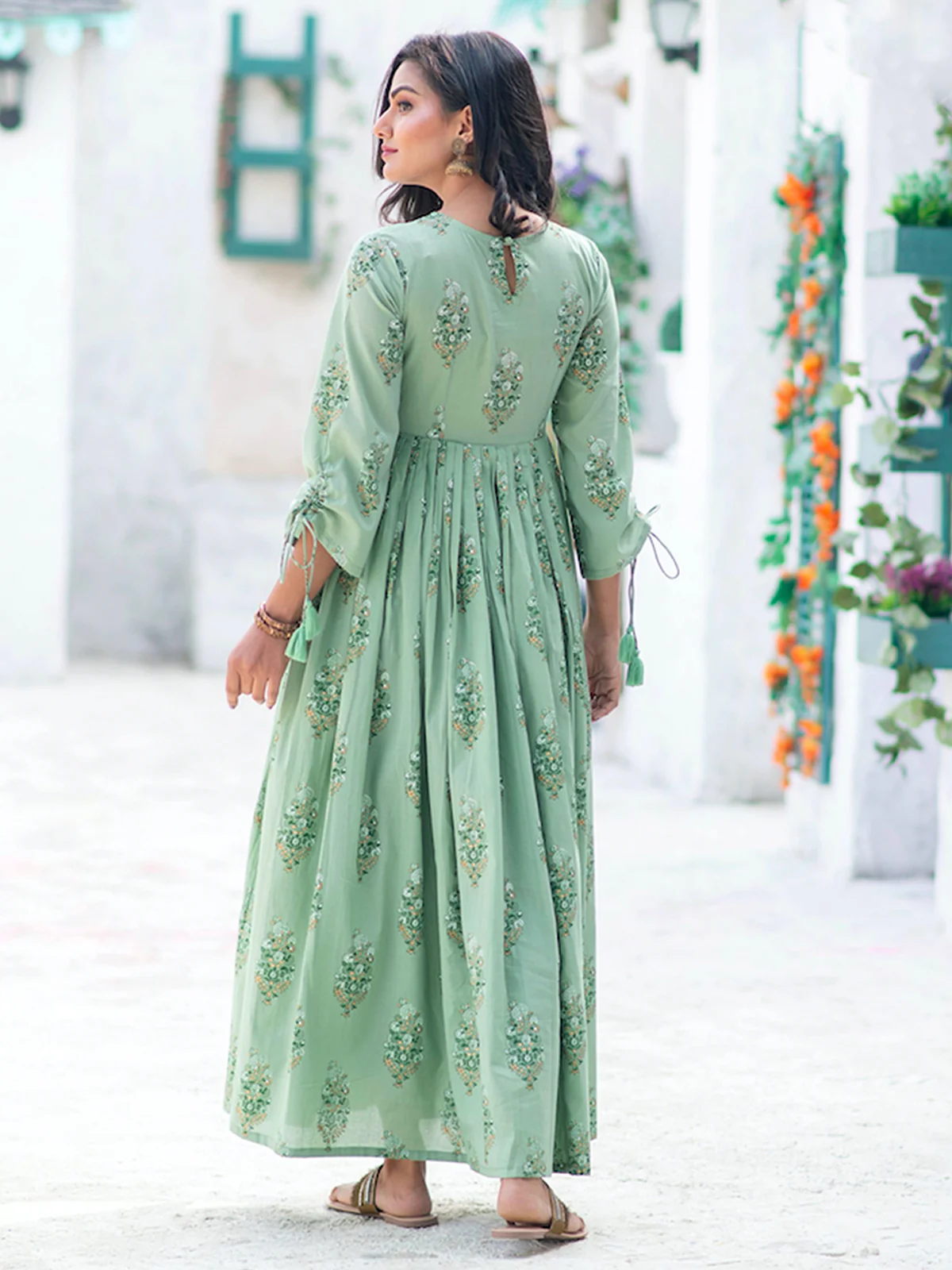 Odette Sea Green Muslin Printed Stitched Gown for Women - Image 5